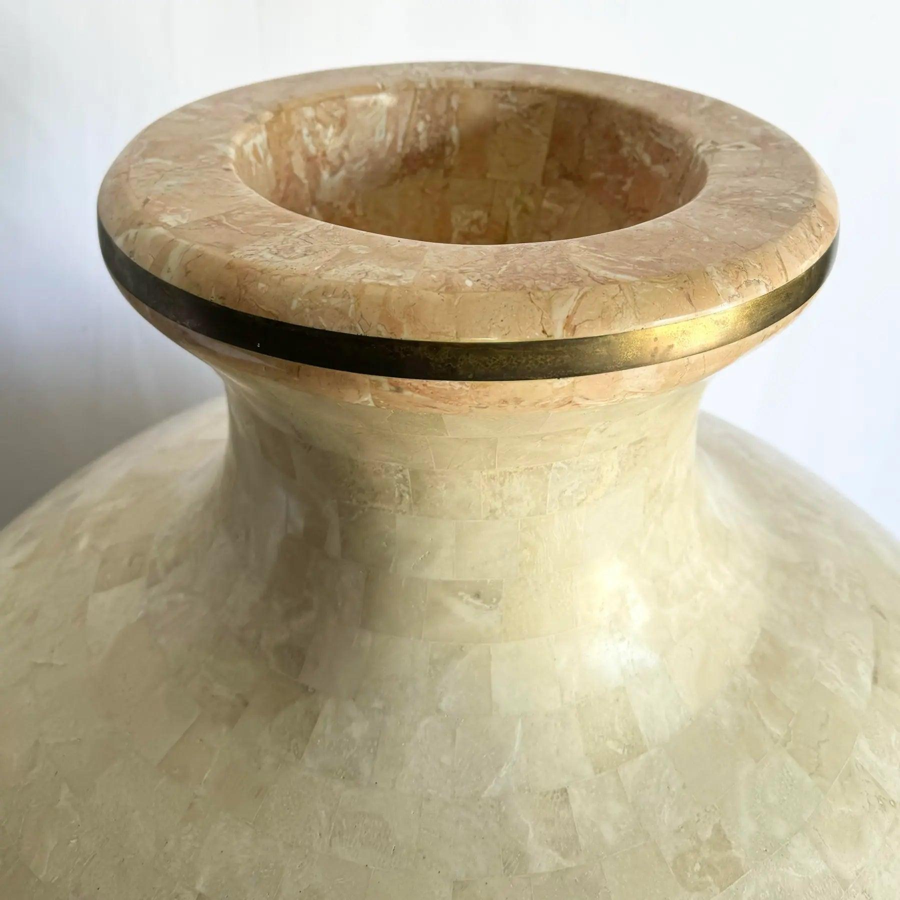 Monumental Polished Beige & Pink Tessellated Stone Floor Vase With Inlaid Brass For Sale 6