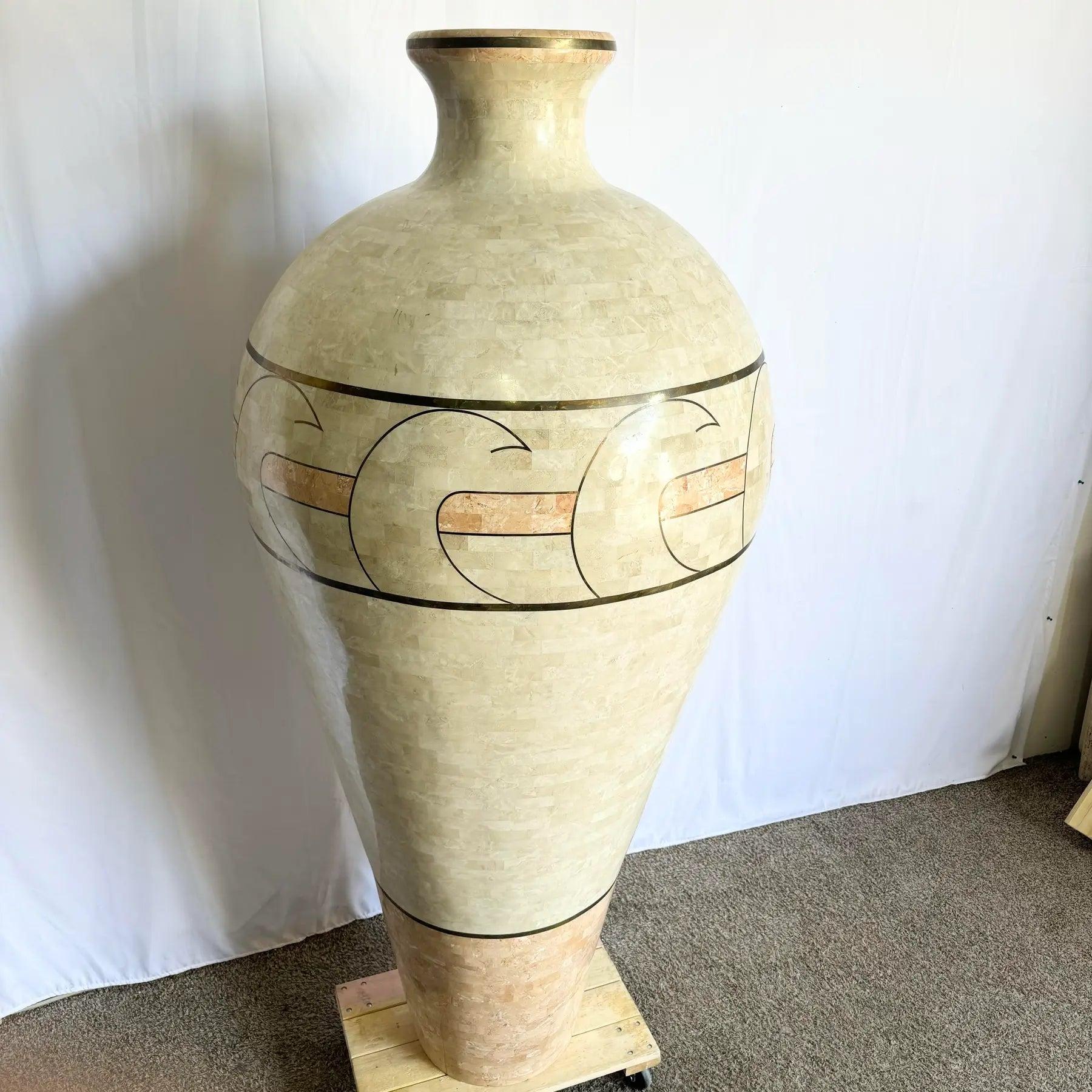 Monumental Polished Beige & Pink Tessellated Stone Floor Vase With Inlaid Brass For Sale 7