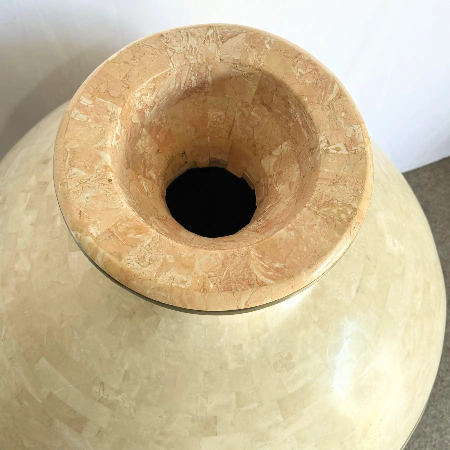 Tessellated Stone Floor Vase—polished beige and pink stone with brass inlays adds grandeur to sophisticated interiors.​
 
 Minor wear around the base as shown in the photos.
 
 We sell items as acquired, without restoring or repairing. Vintage