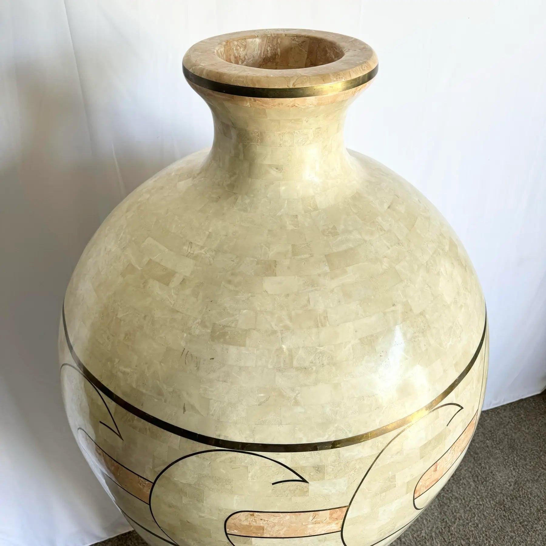Philippine Monumental Polished Beige & Pink Tessellated Stone Floor Vase With Inlaid Brass For Sale
