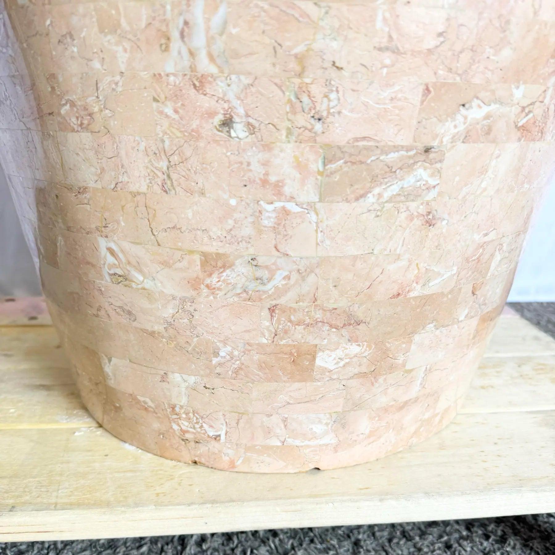 Late 20th Century Monumental Polished Beige & Pink Tessellated Stone Floor Vase With Inlaid Brass For Sale