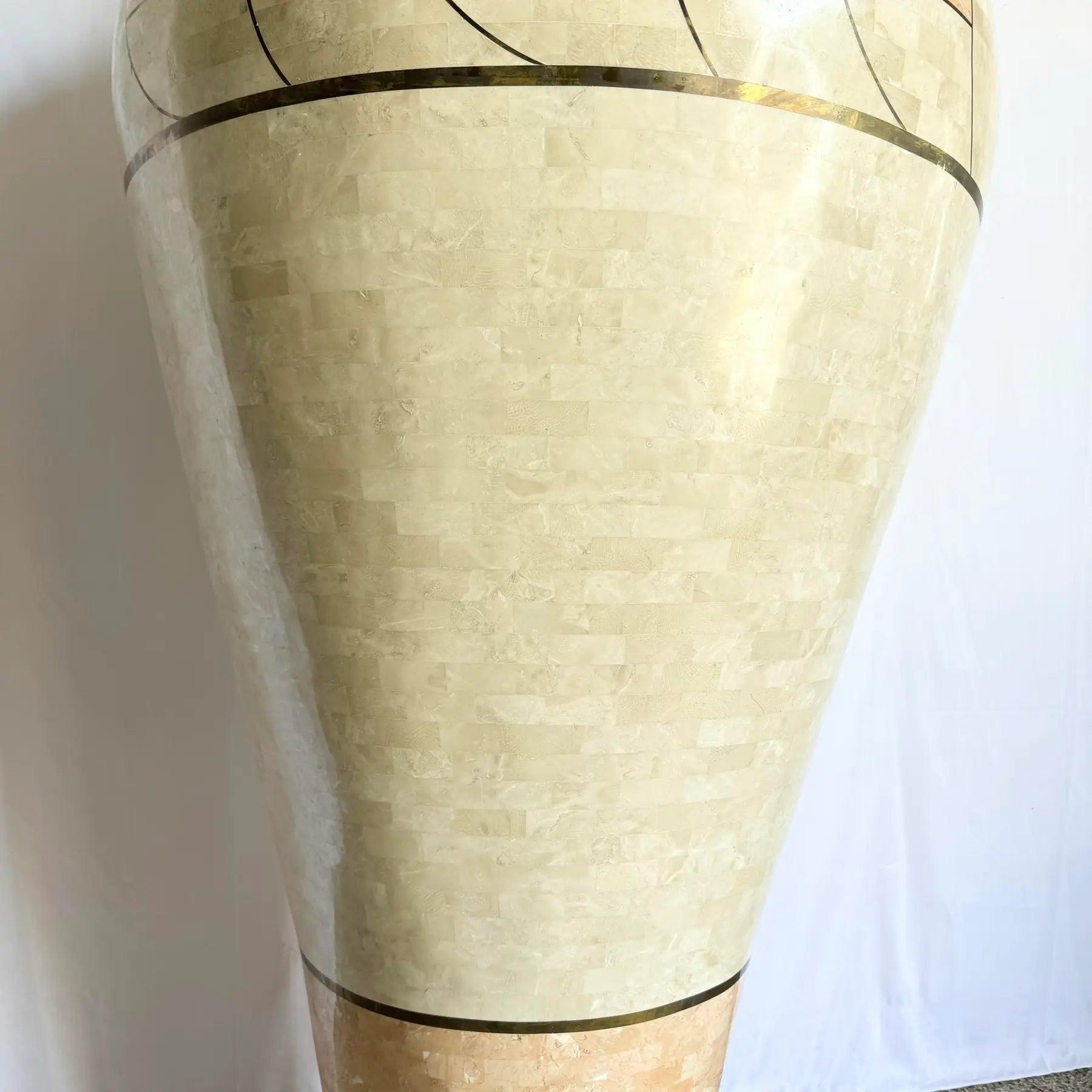 Monumental Polished Beige & Pink Tessellated Stone Floor Vase With Inlaid Brass For Sale 1