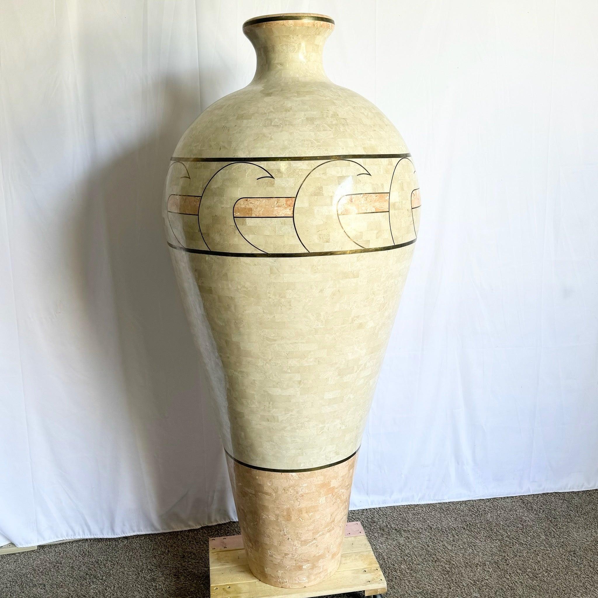 Monumental Polished Beige & Pink Tessellated Stone Floor Vase With Inlaid Brass For Sale 3