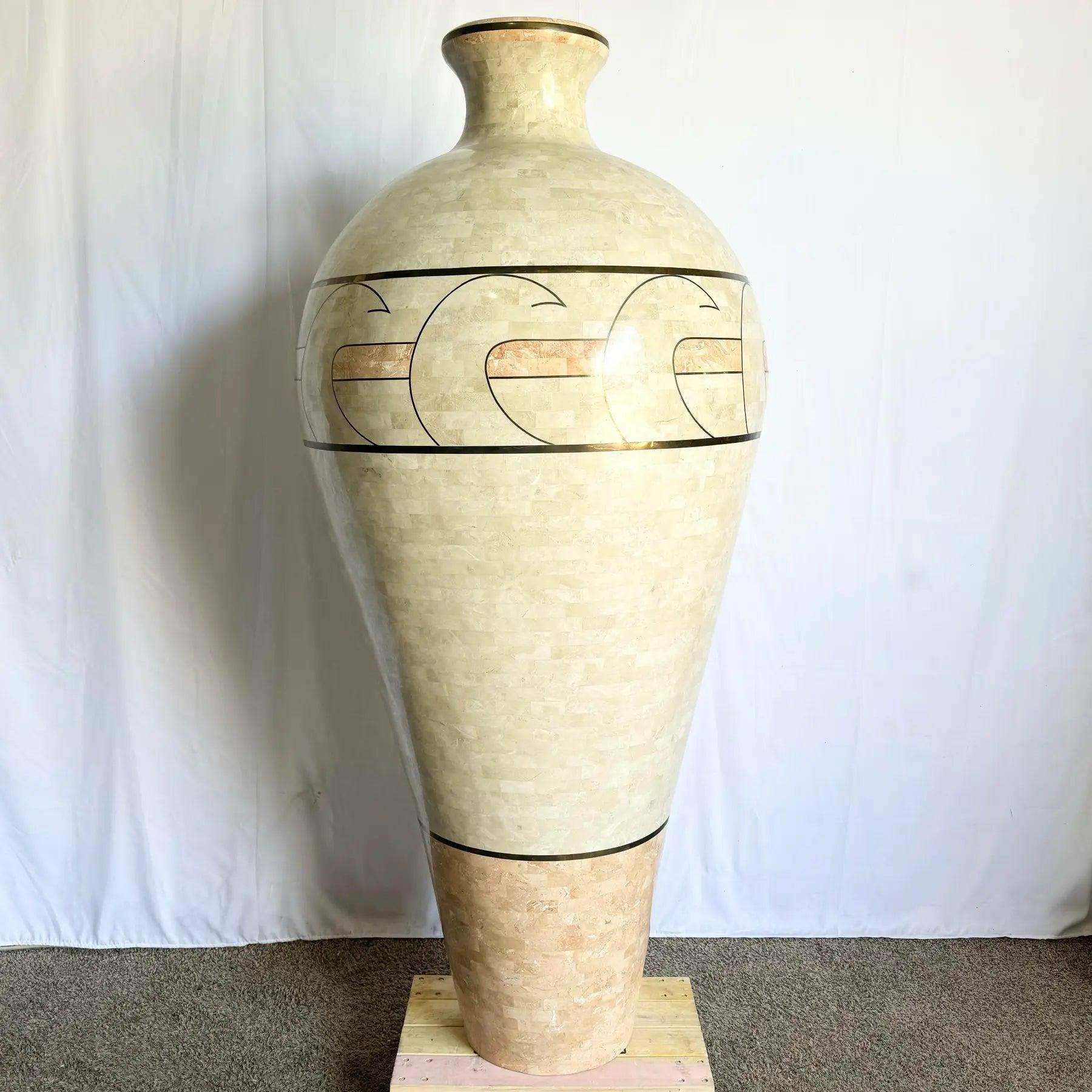 Monumental Polished Beige & Pink Tessellated Stone Floor Vase With Inlaid Brass For Sale 4