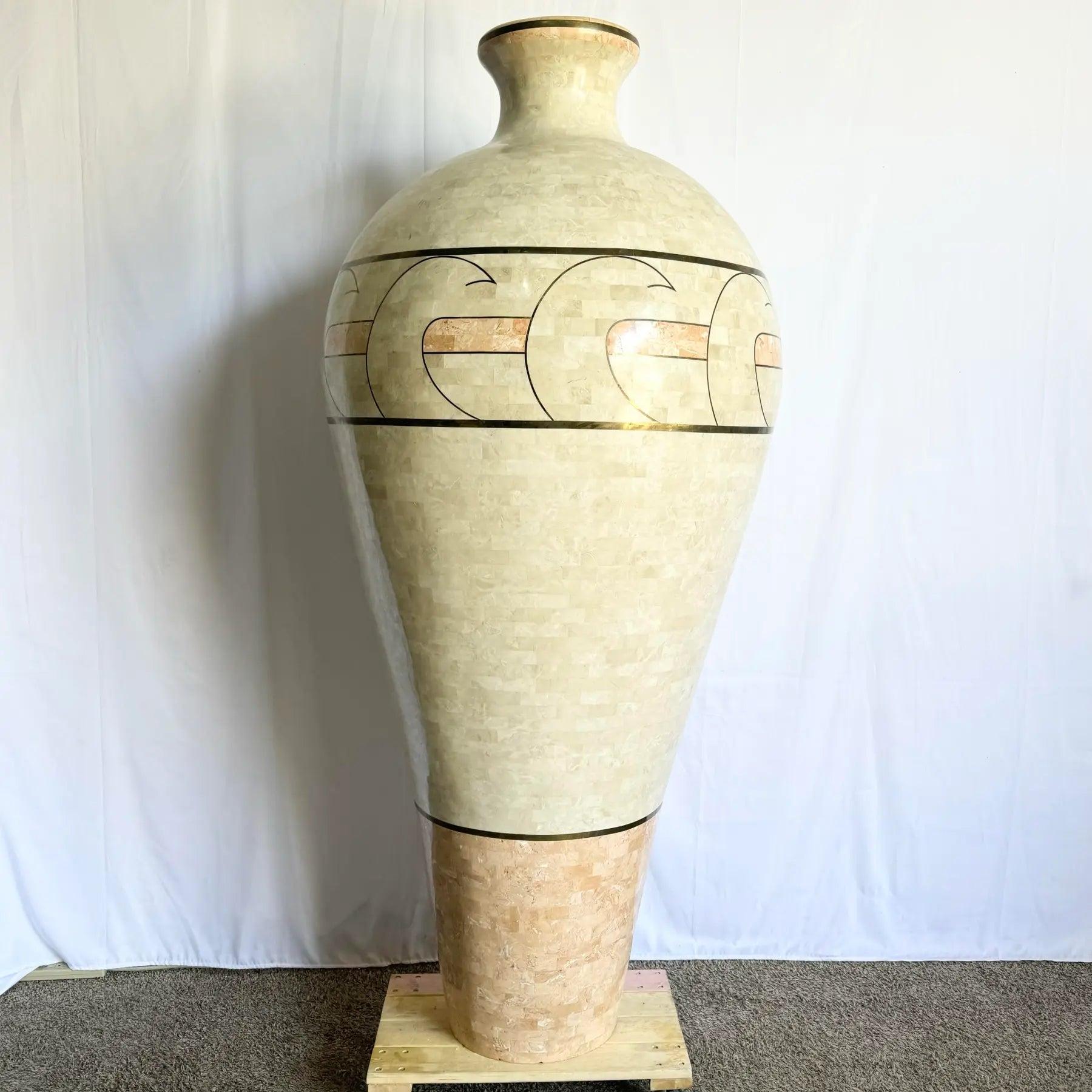 Monumental Polished Beige & Pink Tessellated Stone Floor Vase With Inlaid Brass For Sale