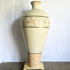 Monumental Polished Beige & Pink Tessellated Stone Floor Vase With Inlaid Brass
