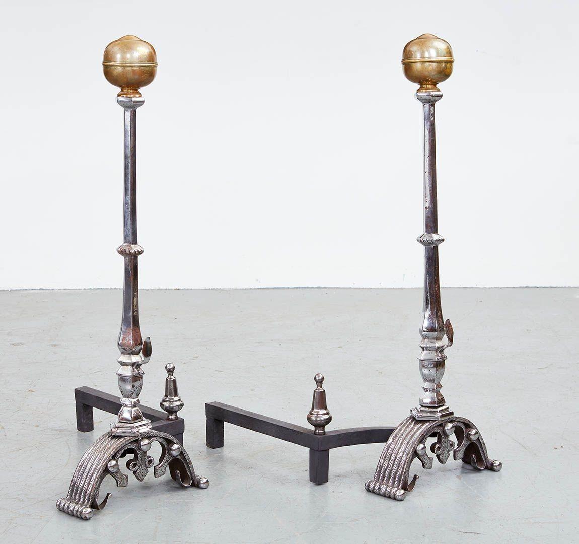 Monumental Polished Steel and Brass Andirons For Sale 5