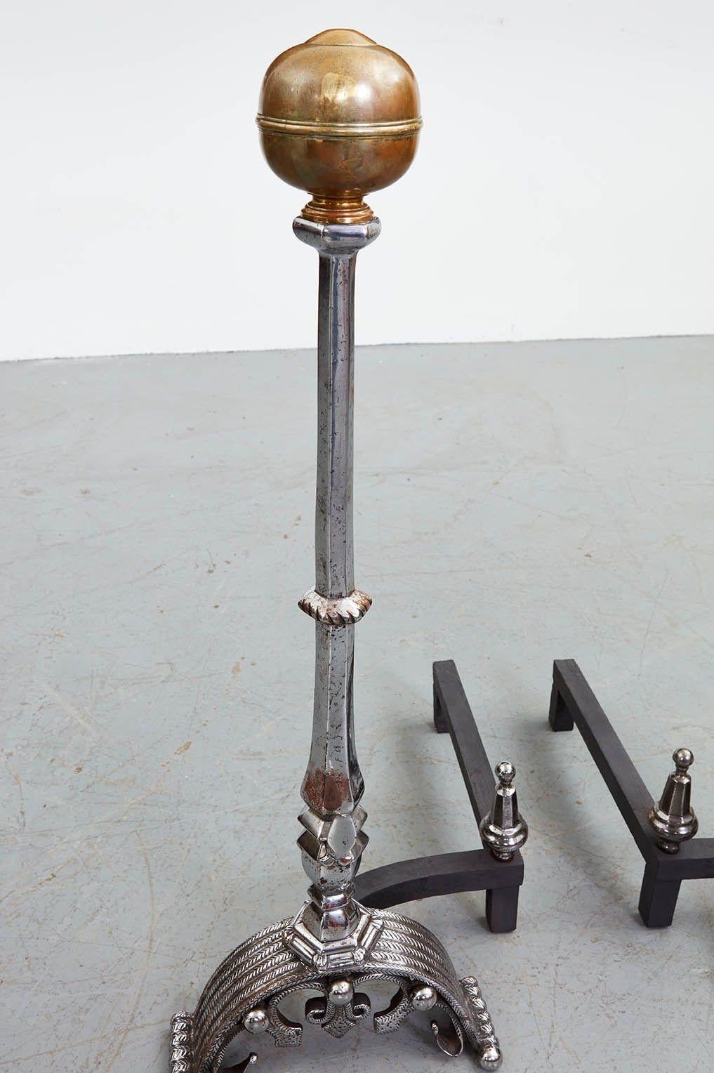 English Monumental Polished Steel and Brass Andirons For Sale