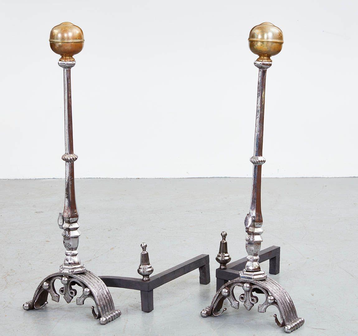 Monumental Polished Steel and Brass Andirons For Sale 3