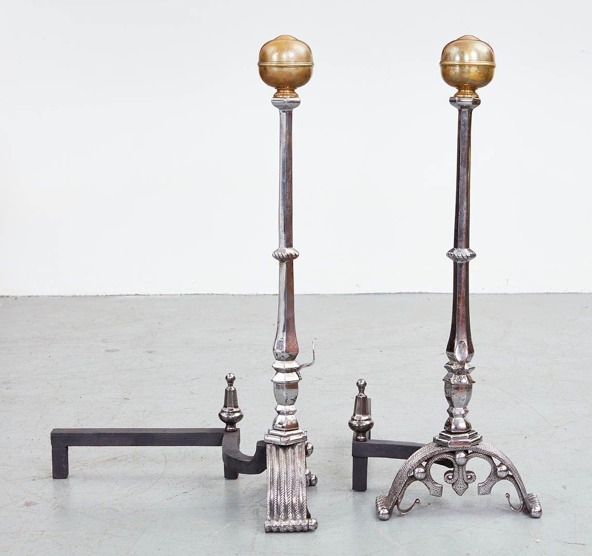Monumental Polished Steel and Brass Andirons For Sale 4