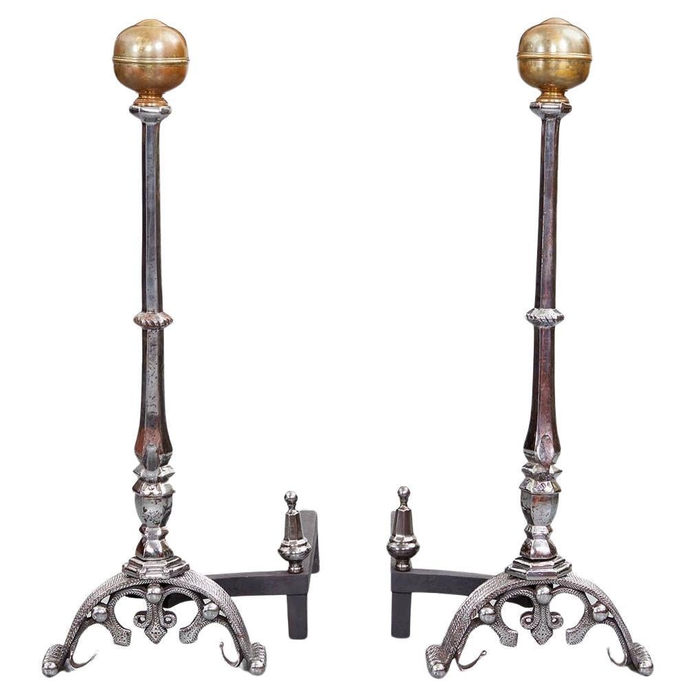 Monumental Polished Steel and Brass Andirons