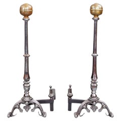 Monumental Polished Steel and Brass Andirons