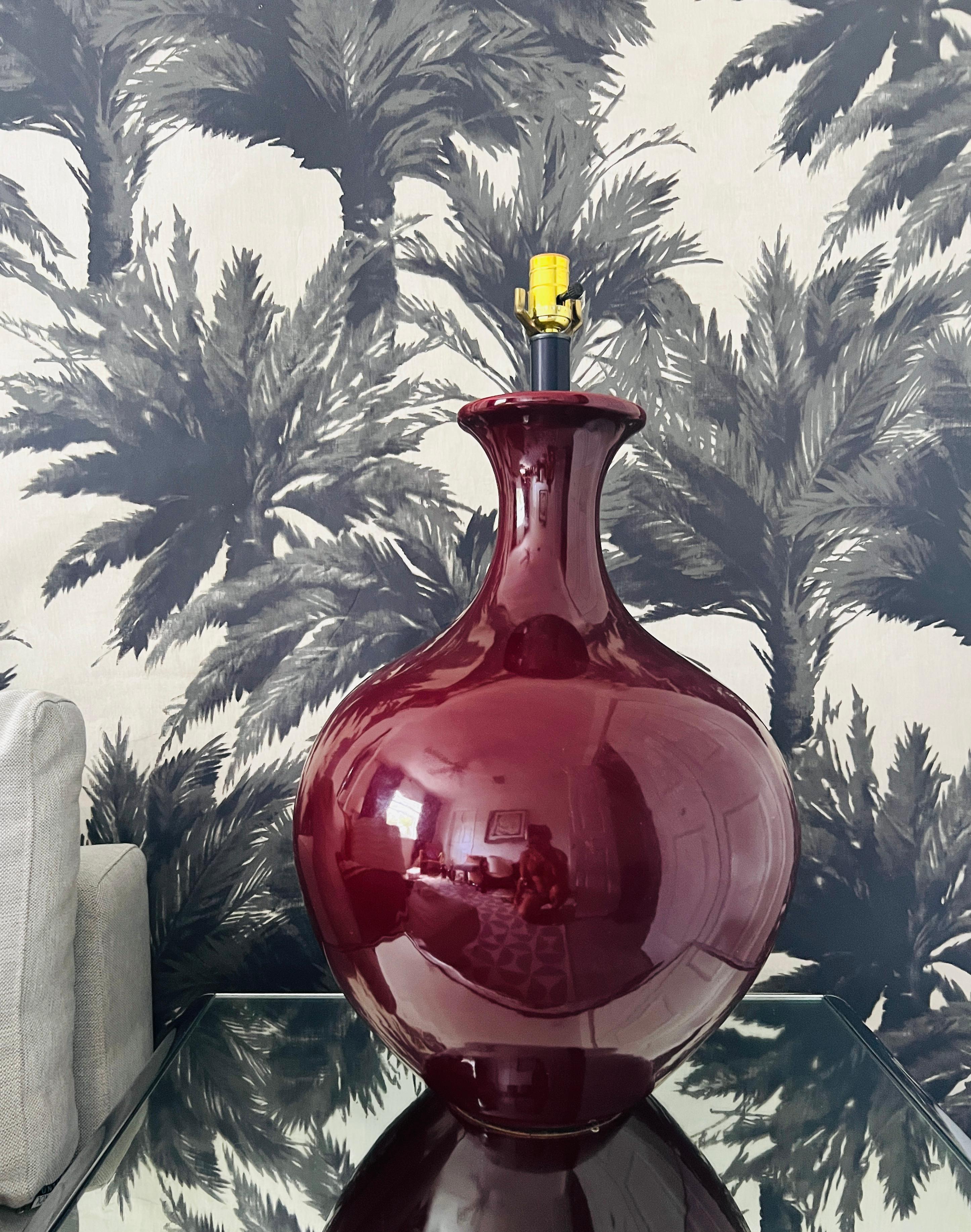 Monumental Porcelain Oxblood Lamp in Burgundy Red by Marbro, c. 1970's In Good Condition In Fort Lauderdale, FL