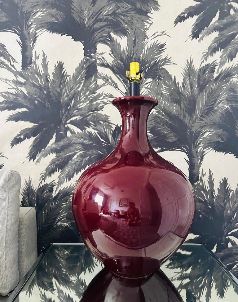 Monumental Porcelain Oxblood Lamp in Deep Red Burgundy by Marbro, c. 1970's In Good Condition For Sale In Fort Lauderdale, FL