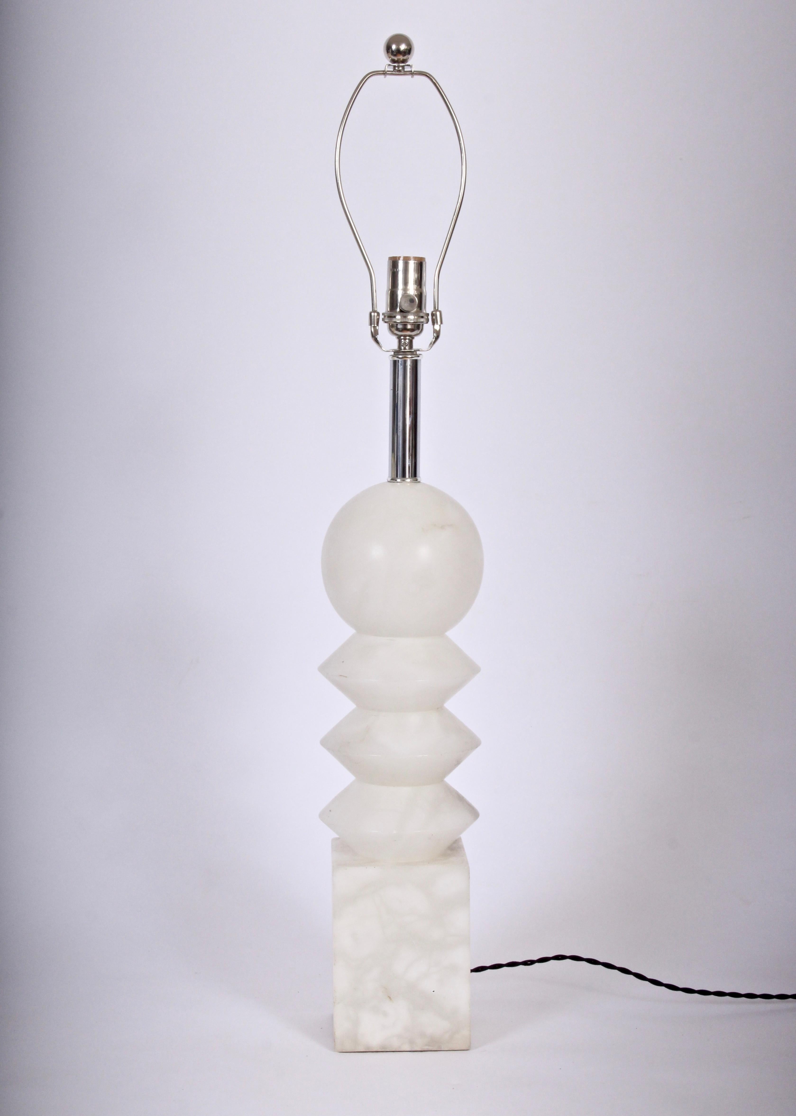 Handcrafted Brancusi style tall, translucent White on White Table Lamp.  Small footprint. Shade for display only (10H x 18D top x 19D bottom). 25H to socket. Alabaster 18H. Minimalist. Timeless. Fine design. Label to rear of base, Made in Italy. 