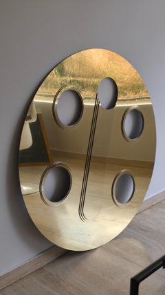 Monumental postmodern circular mirror in bronze acrylic with oculi motif, 1980s