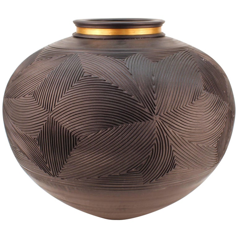 Monumental Pottery Geometric Vase in Black with Gilt Metal Applied Neck