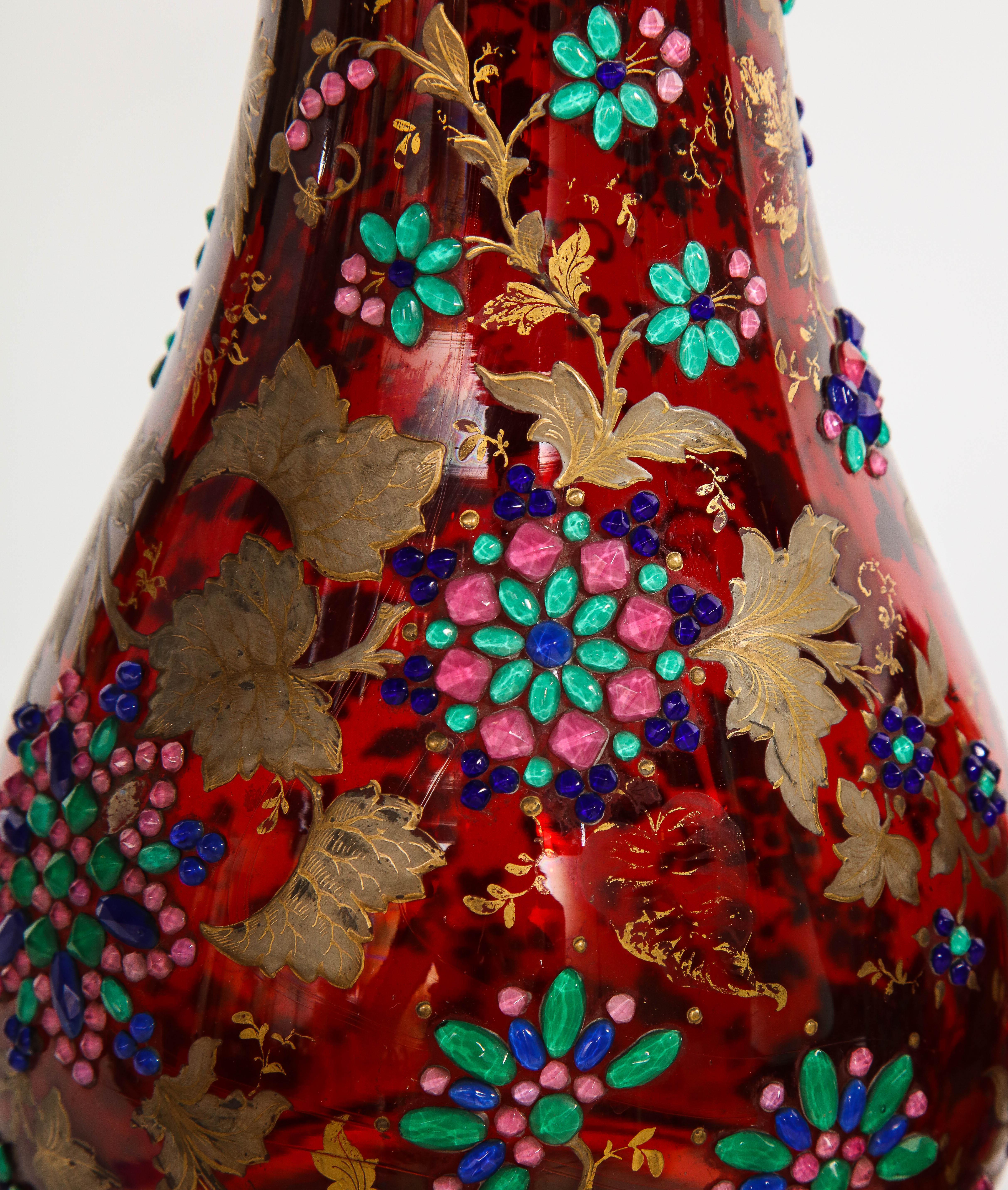 Late 19th Century Monumental Pr Moser jeweled Ruby-Red Overlay Two-Piece 24k Gold, Enameled Vases For Sale