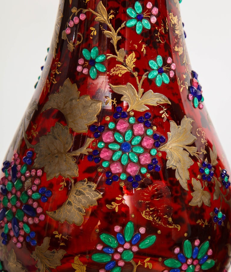 Monumental Pr Moser jeweled RubyRed Overlay TwoPiece 24k Gold, Enameled Vases For Sale at