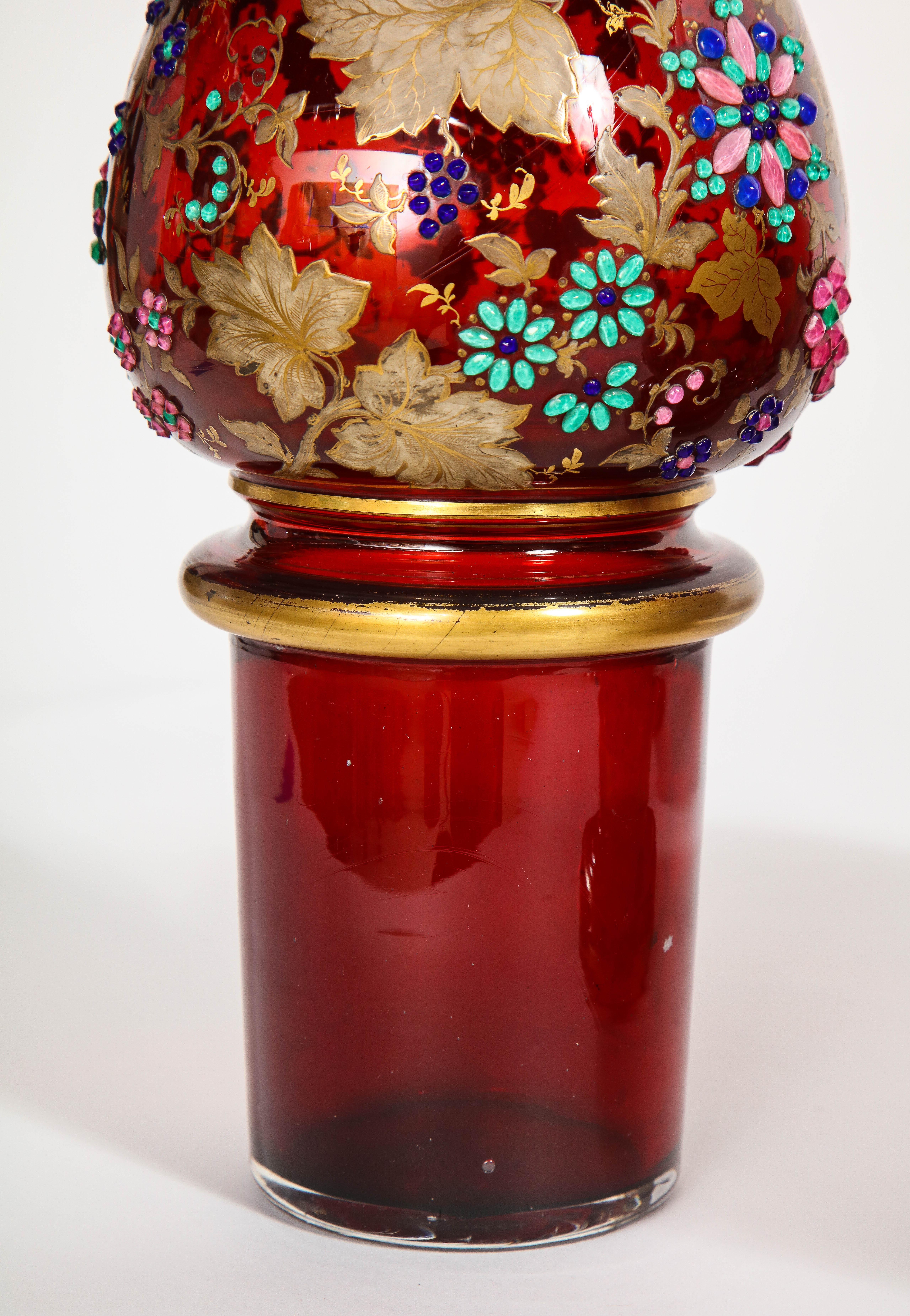 Monumental Pr Moser jeweled Ruby-Red Overlay Two-Piece 24k Gold, Enameled Vases For Sale 1