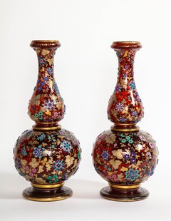 Monumental Pr Moser jeweled Ruby-Red Overlay Two-Piece 24k Gold, Enameled Vases