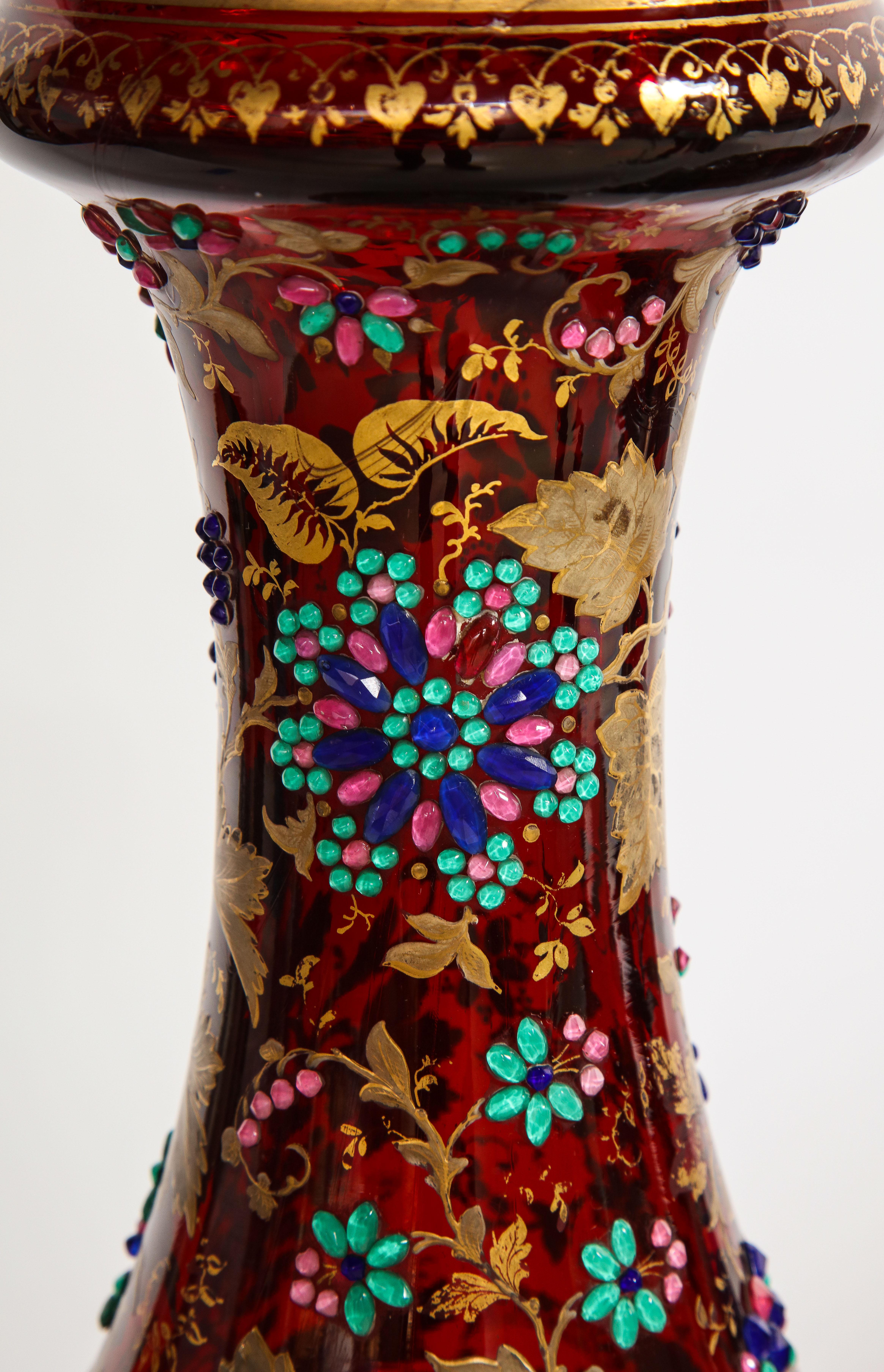 Hand-Crafted Monumental Pr Moser jeweled Ruby-Red Overlay Two-Piece 24k Gold, Enameled Vases For Sale