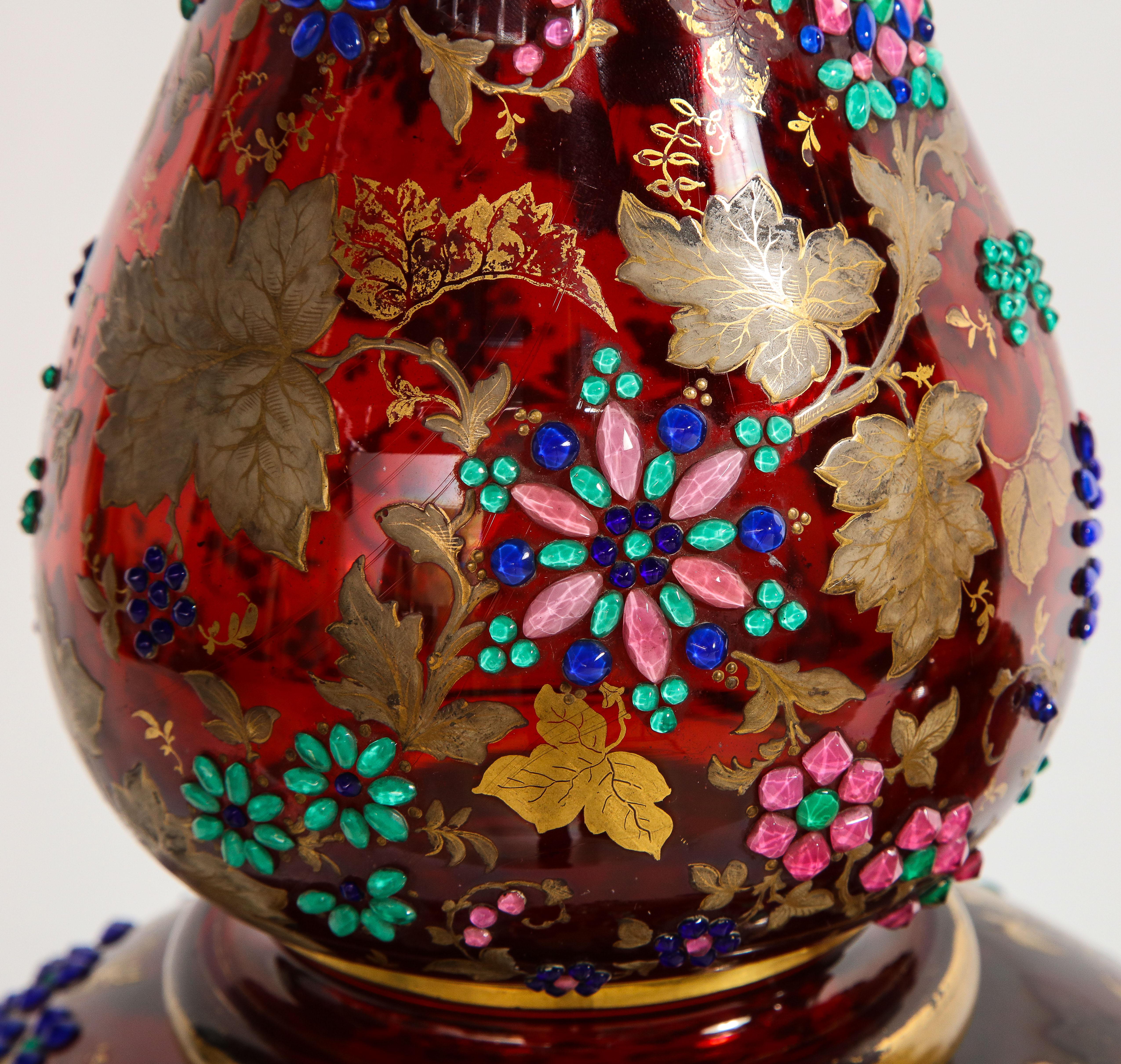Monumental Pr Moser jeweled Ruby-Red Overlay Two-Piece 24k Gold, Enameled Vases In Good Condition For Sale In New York, NY