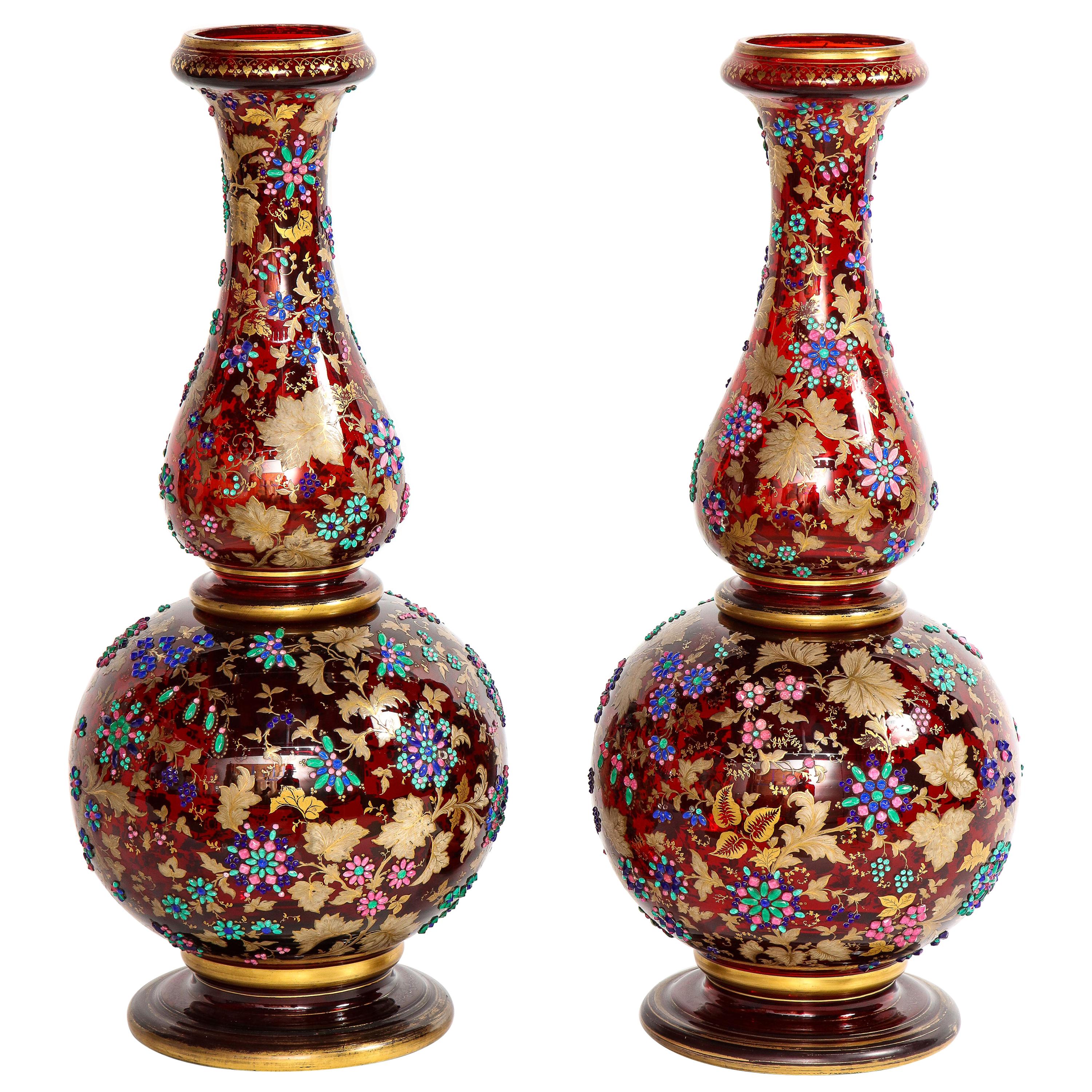 Monumental Pr Moser jeweled Ruby-Red Overlay Two-Piece 24k Gold, Enameled Vases For Sale