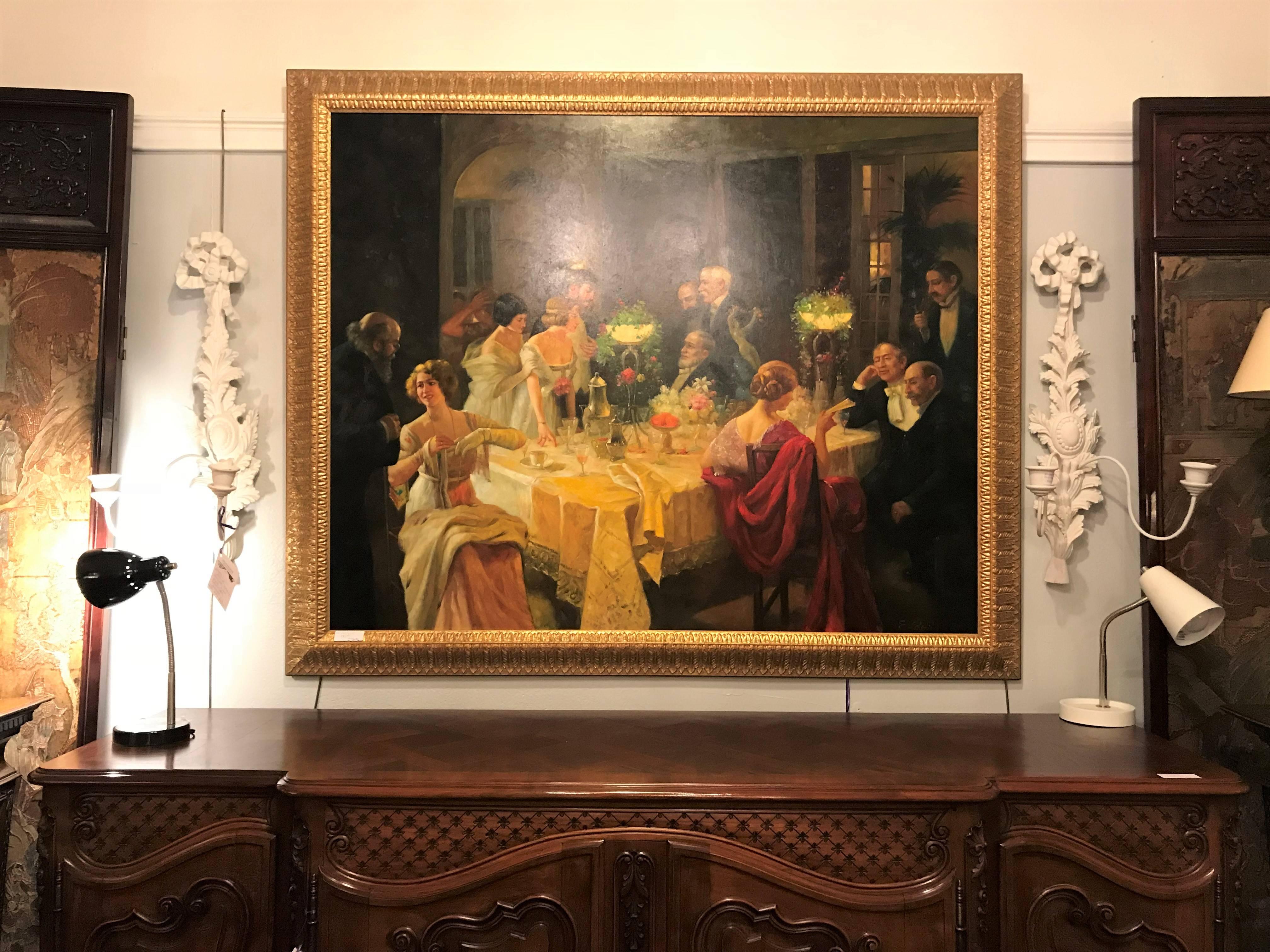 Monumental Print Painting Oil on Canvas of a Party Scene in a Great Gilt Frame In Good Condition In Stamford, CT