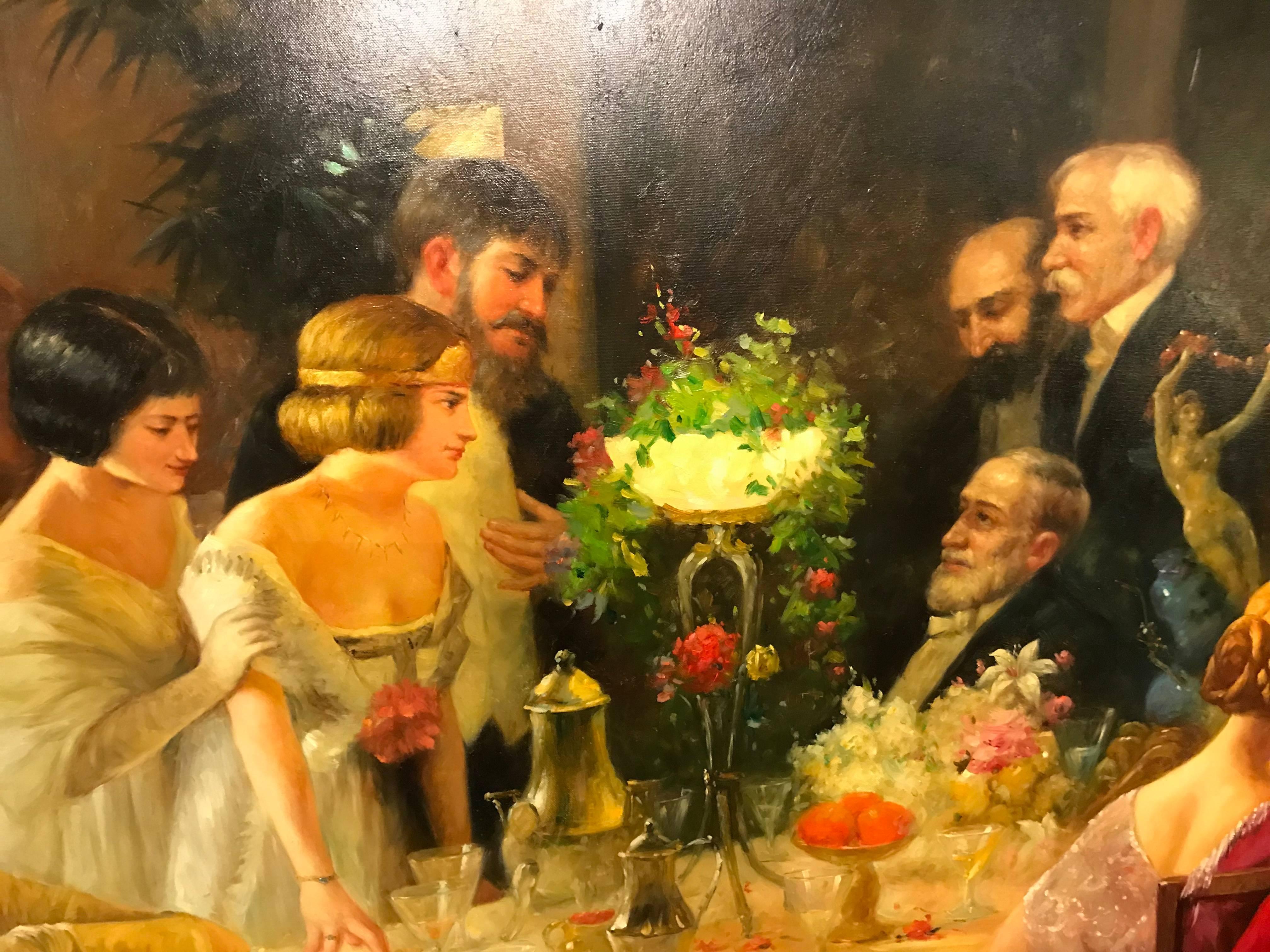 20th Century Monumental Print Painting Oil on Canvas of a Party Scene in a Great Gilt Frame