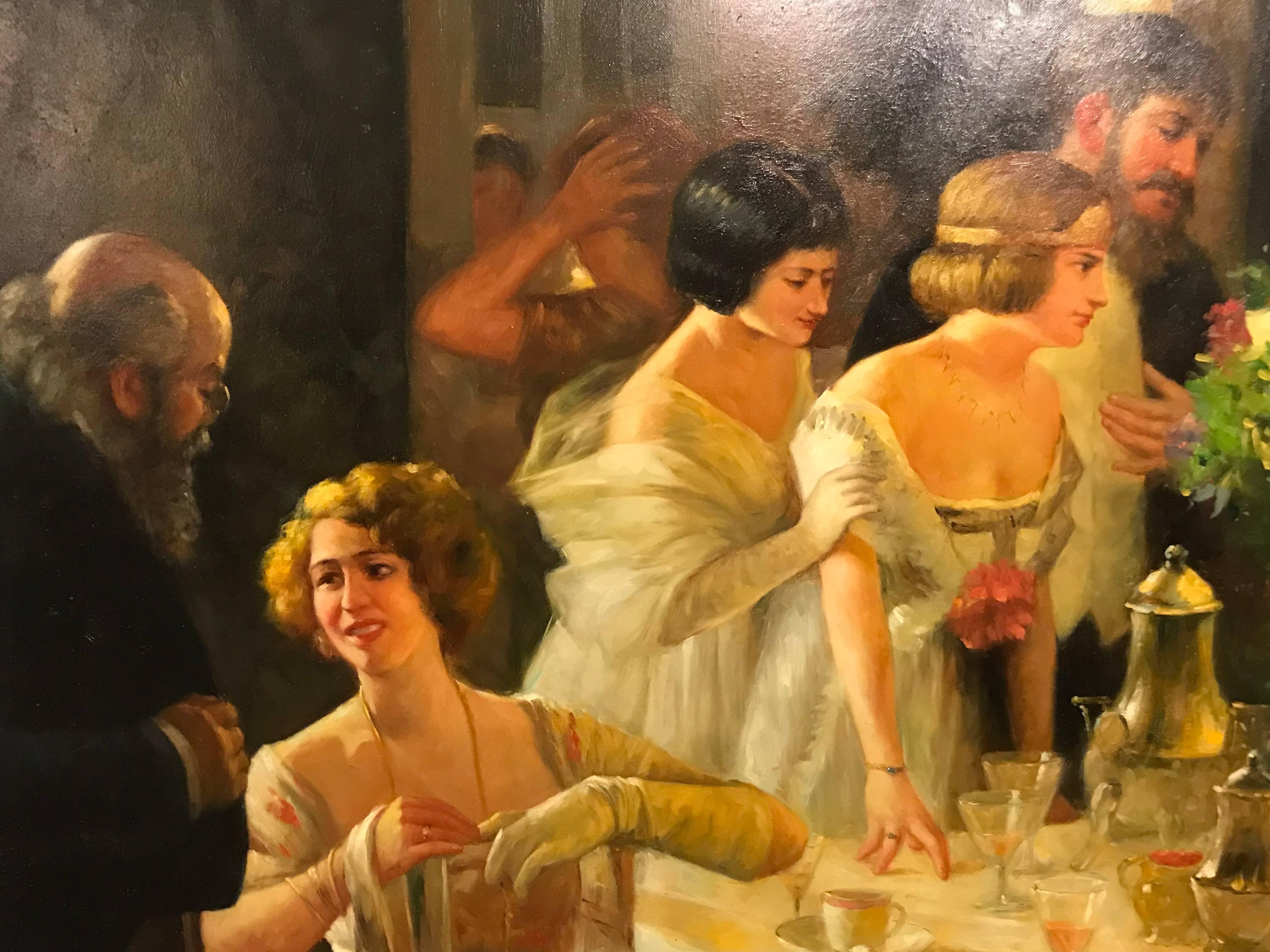 Monumental Print Painting Oil on Canvas of a Party Scene in a Great Gilt Frame 1