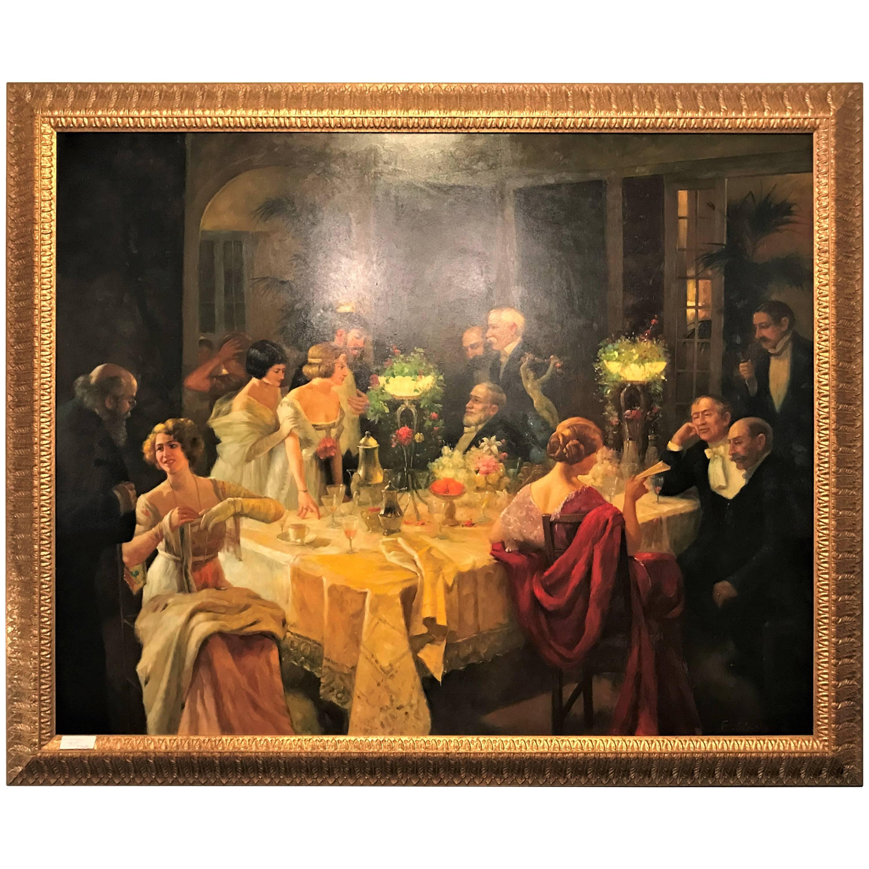 Monumental Print Painting Oil on Canvas of a Party Scene in a Great Gilt Frame