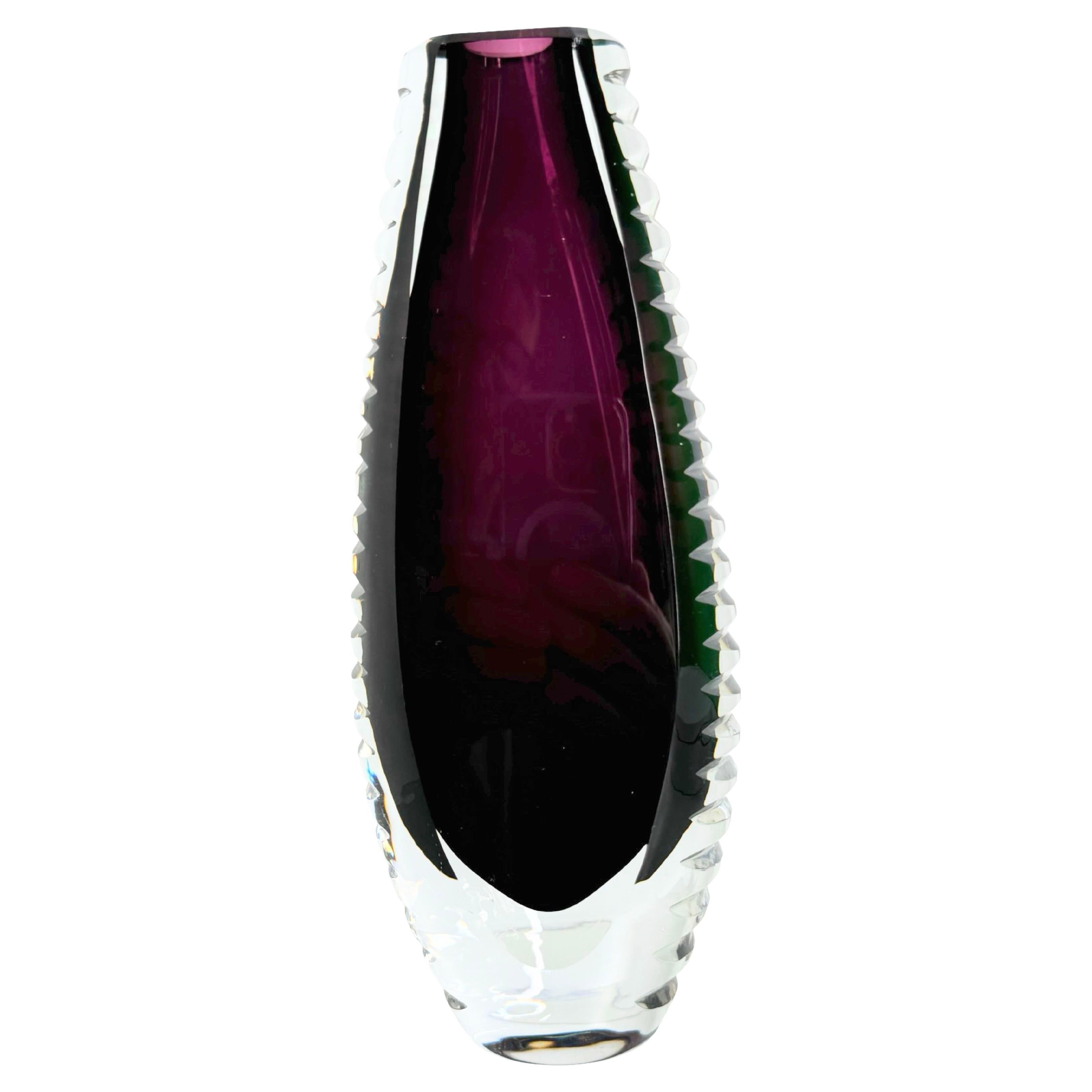 Monumental Purple and Clear Murano Glass Sommerso Block Vase