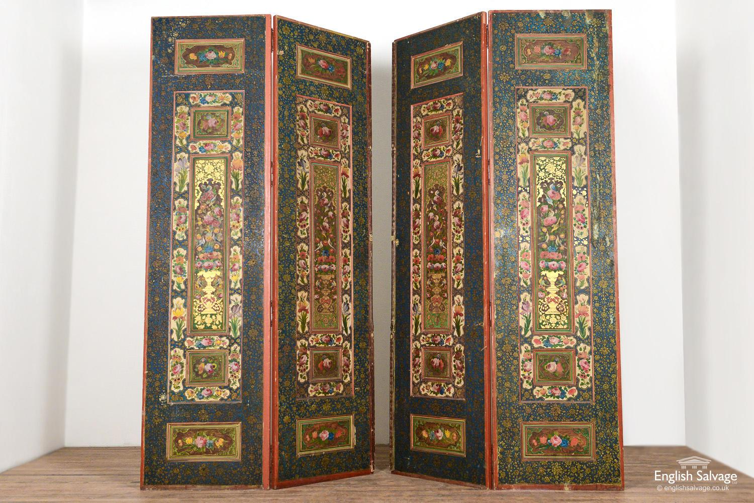 19th century Persian Qajar polychrome painted and gilt panels / dividers / folding doors adorned with beautifully painted birds, irises and roses on a blue background with red and gilt highlights. The left hand side divider is 143cm wide and the