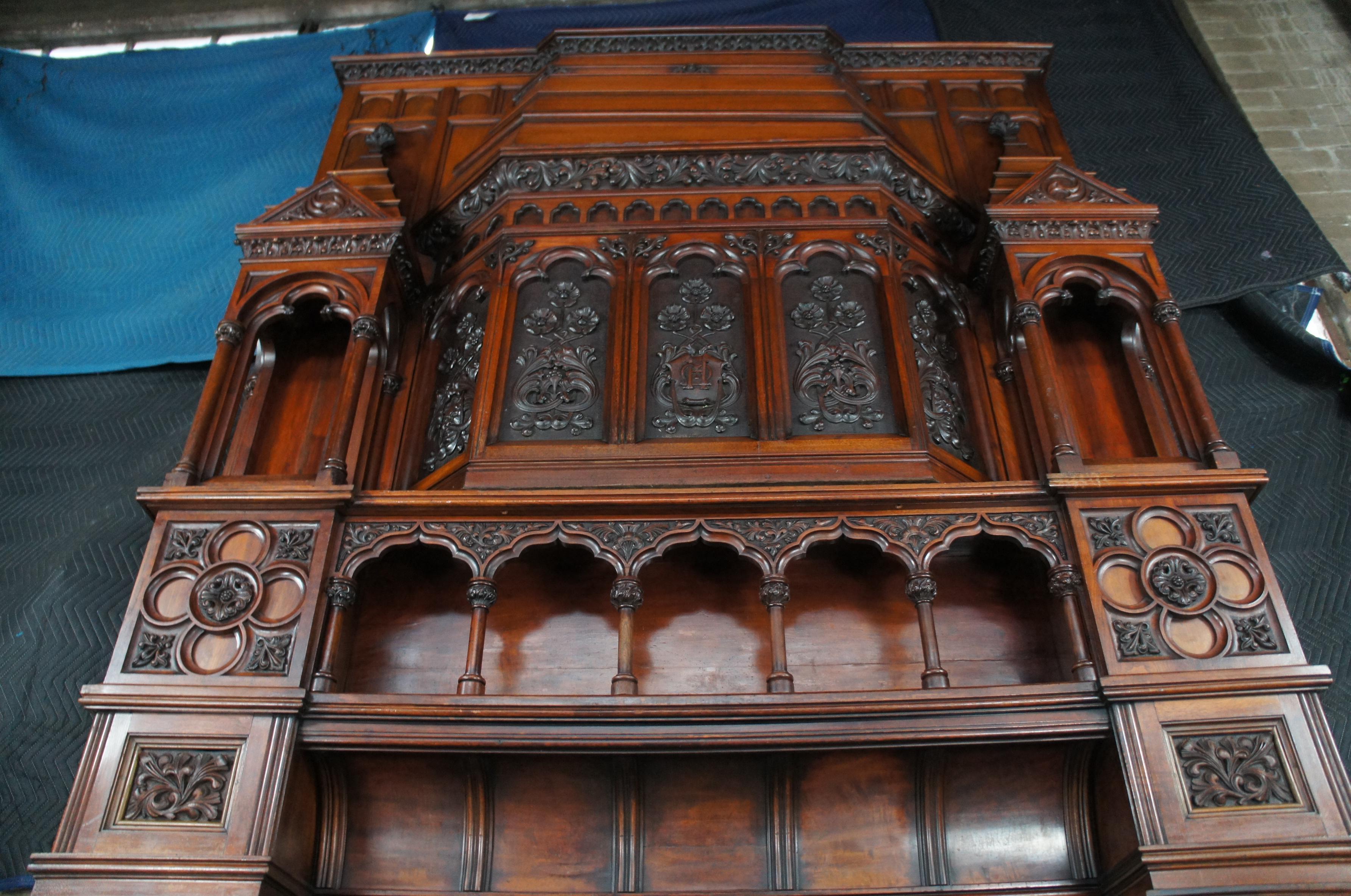 Monumental Rare Antique Renaissance Revival Gothic Walnut Fireplace Mantel 11 FT For Sale 5