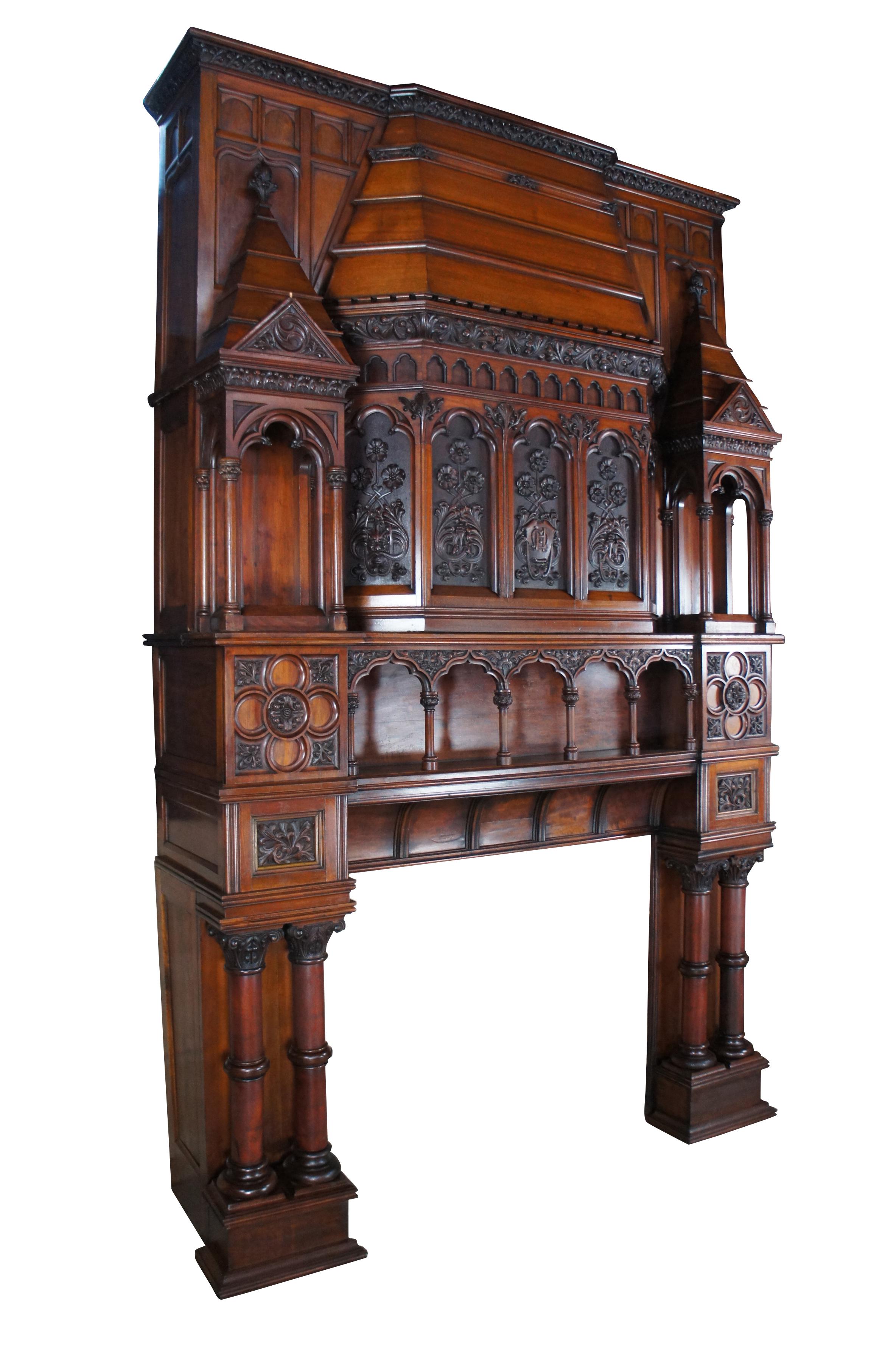Hand-Carved Monumental Rare Antique Renaissance Revival Gothic Walnut Fireplace Mantel 11 FT For Sale