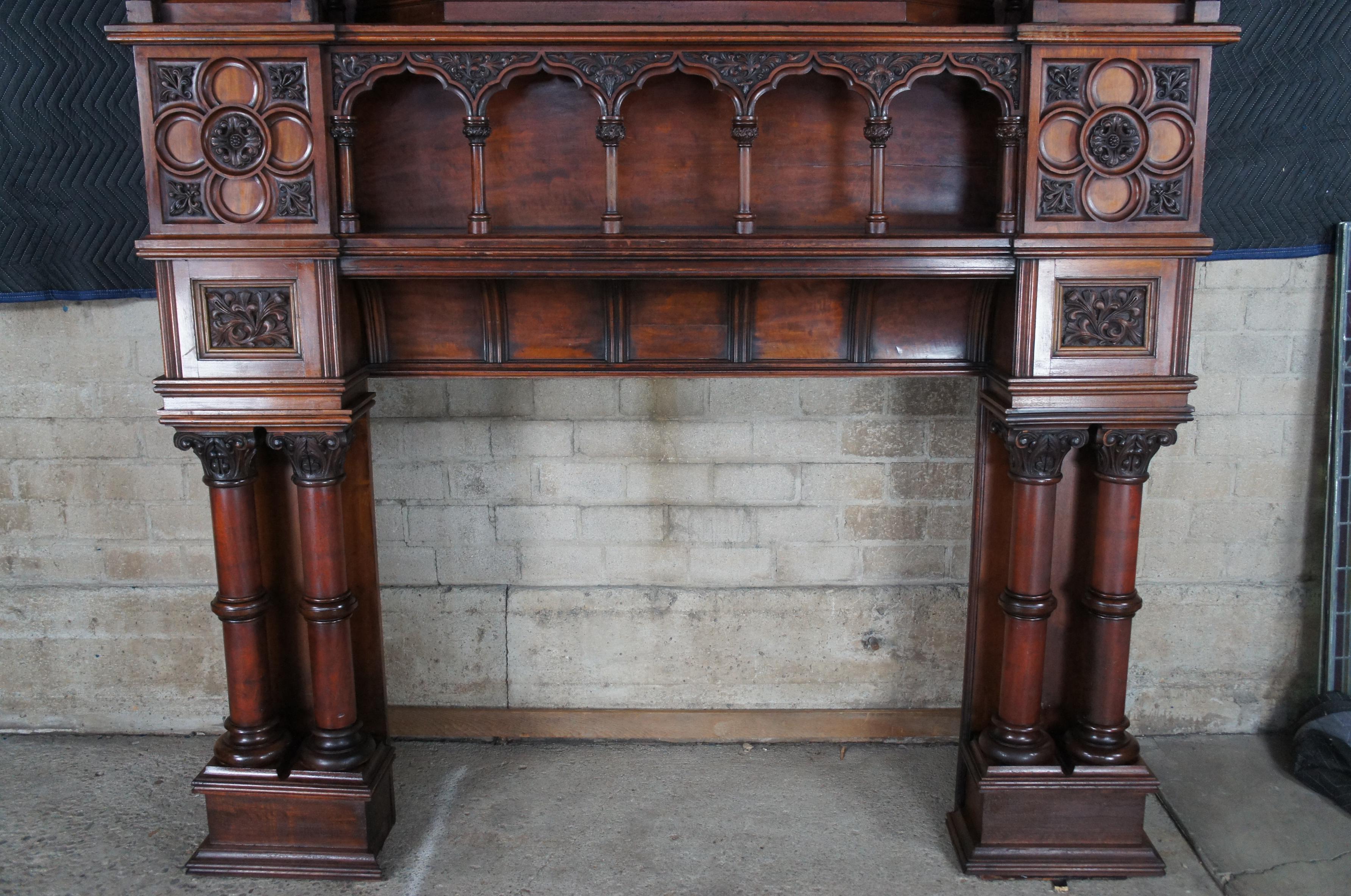 Monumental Rare Antique Renaissance Revival Gothic Walnut Fireplace Mantel 11 FT In Good Condition For Sale In Dayton, OH