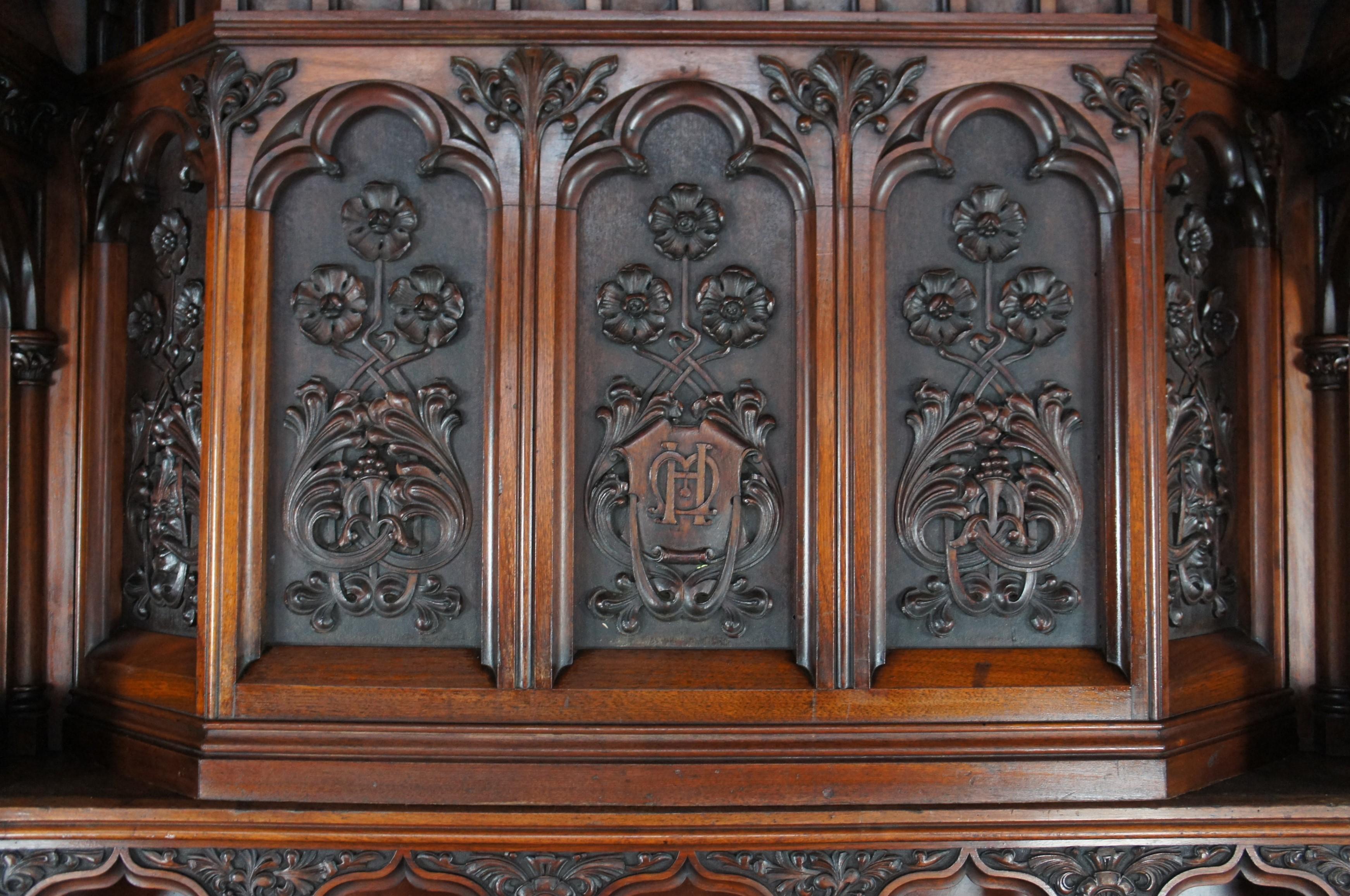 Monumental Rare Antique Renaissance Revival Gothic Walnut Fireplace Mantel 11 FT For Sale 1