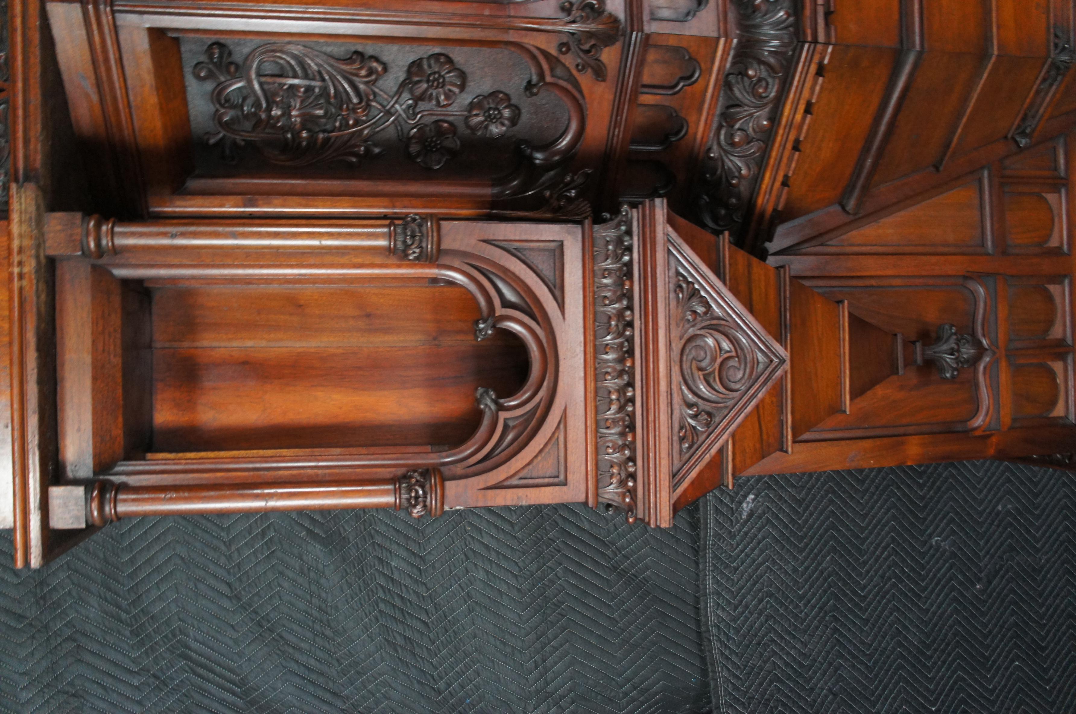 Monumental Rare Antique Renaissance Revival Gothic Walnut Fireplace Mantel 11 FT For Sale 2