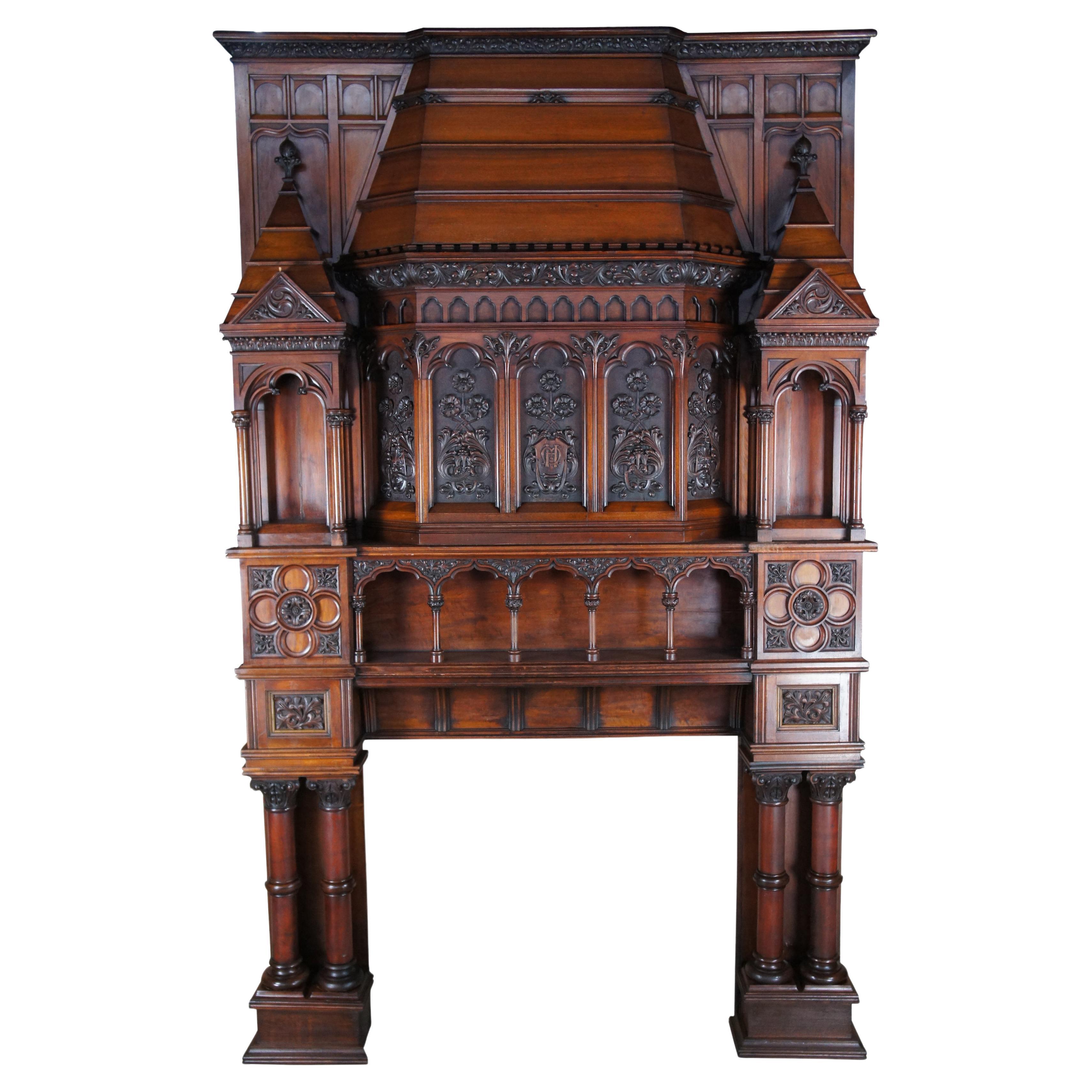 Monumental Rare Antique Renaissance Revival Gothic Walnut Fireplace Mantel 11 FT