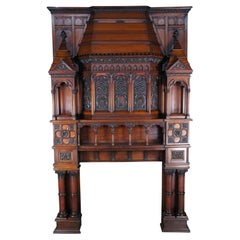 Monumental Rare Antique Renaissance Revival Gothic Walnut Fireplace Mantel 11 FT