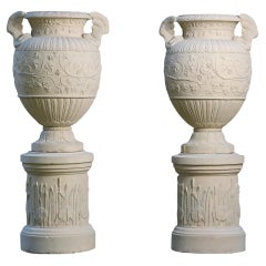 Monumental Rare English Coade Stone 19th century Urns on Pedestals