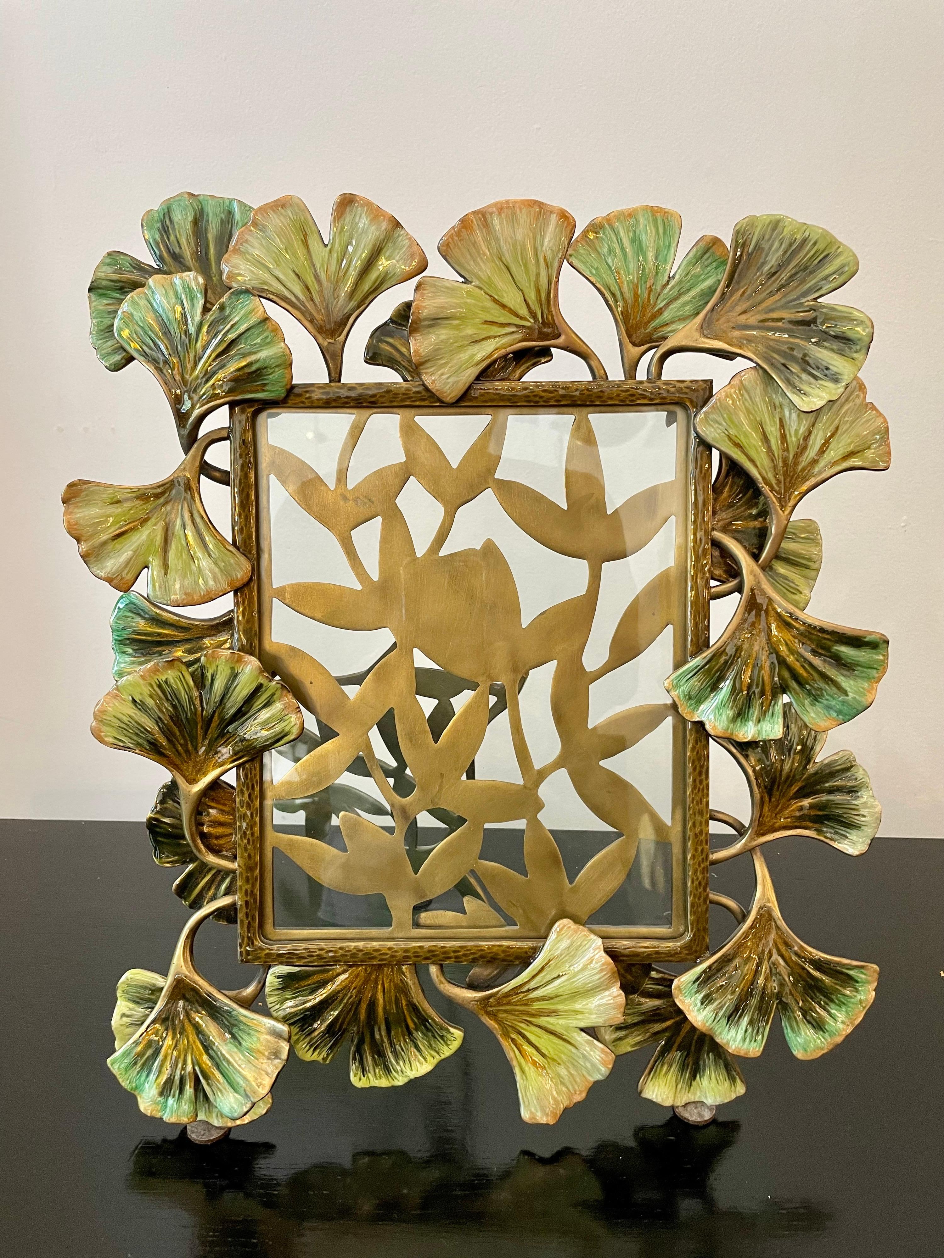 Monumental Rare Jay Strongwater Gingko Leaves Enameled Picture Frame For Sale 2