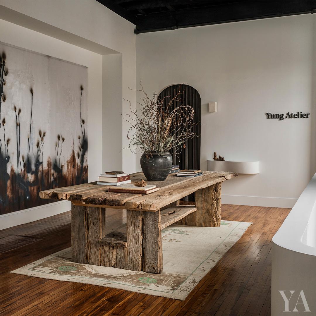 This monumental dining table is a celebration of wabi-sabi style. The modern design is hand-crafted of elmwood timbers reclaimed from Qing-dynasty architecture, each selected for its rich texture and incredible character. Minimally worked, the table