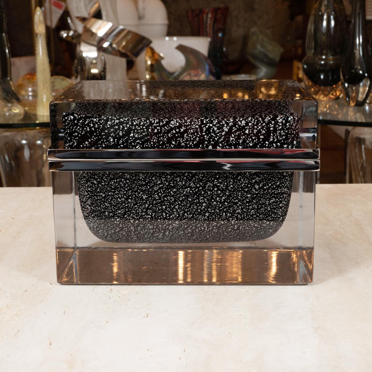 Monumental rectangular Murano glass covered box with silver and black Sommerso core.