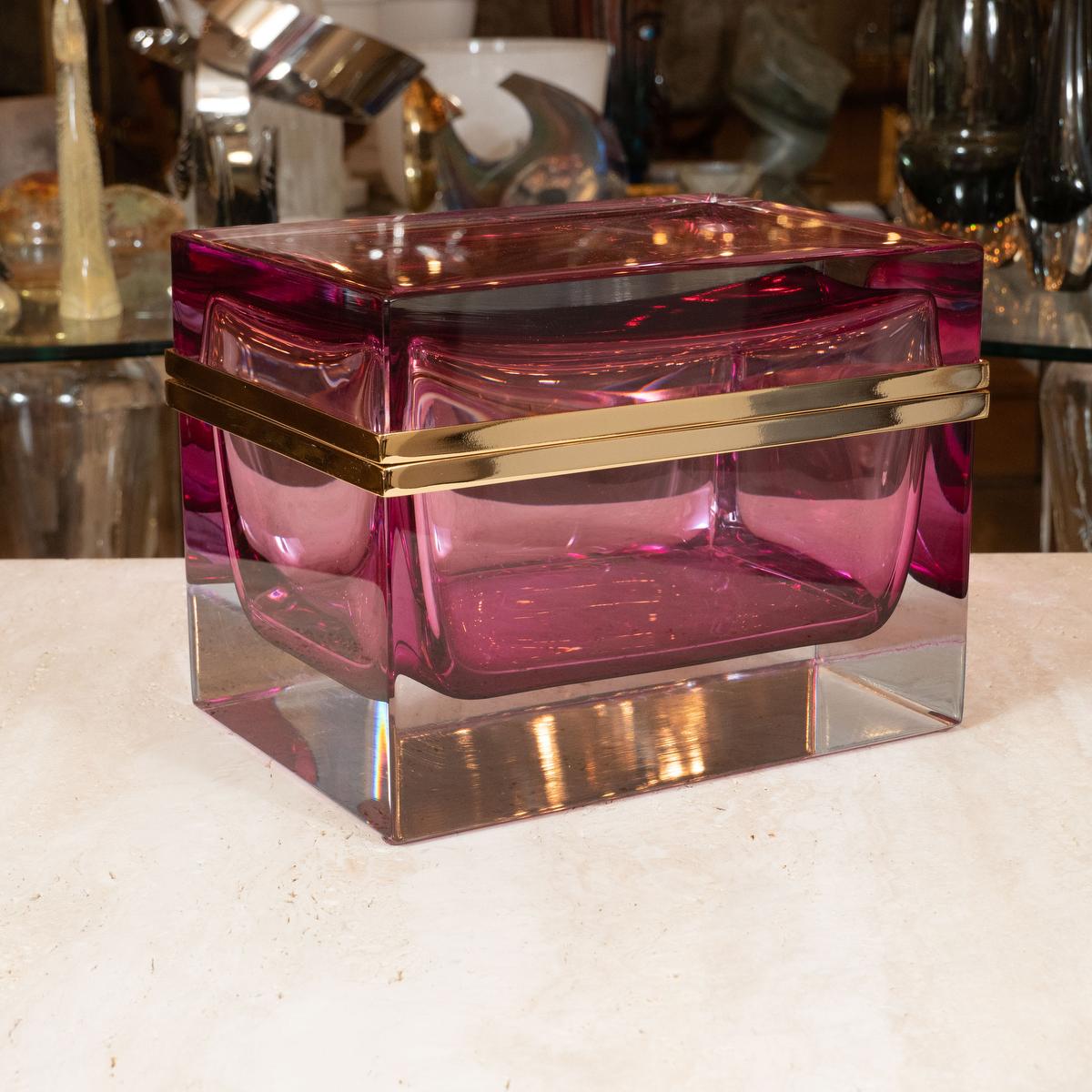 Monumental rectangular Murano glass box with pink sommerso core.