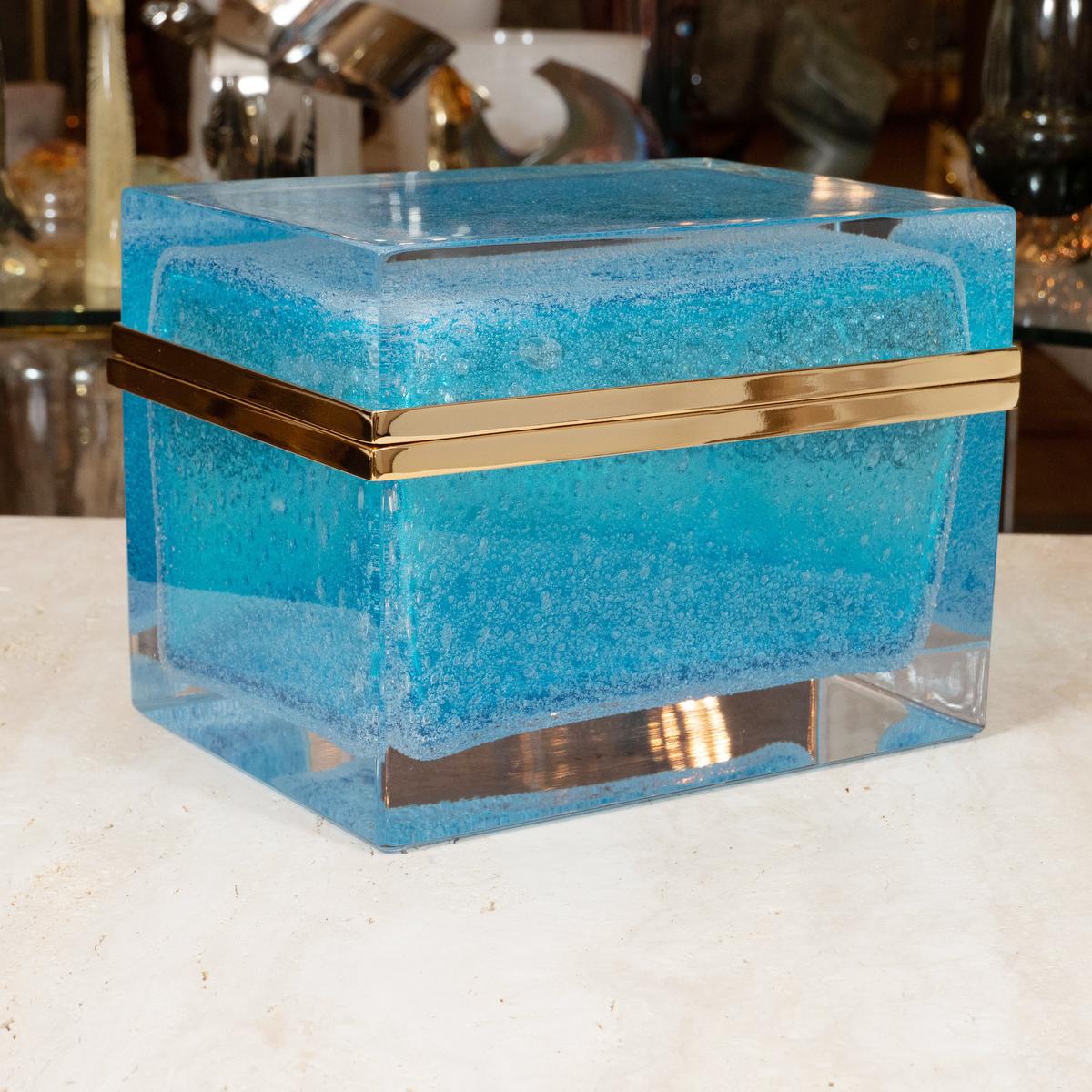 Monumental rectangular Murano glass box with aquamarine pulegoso crystal core.
