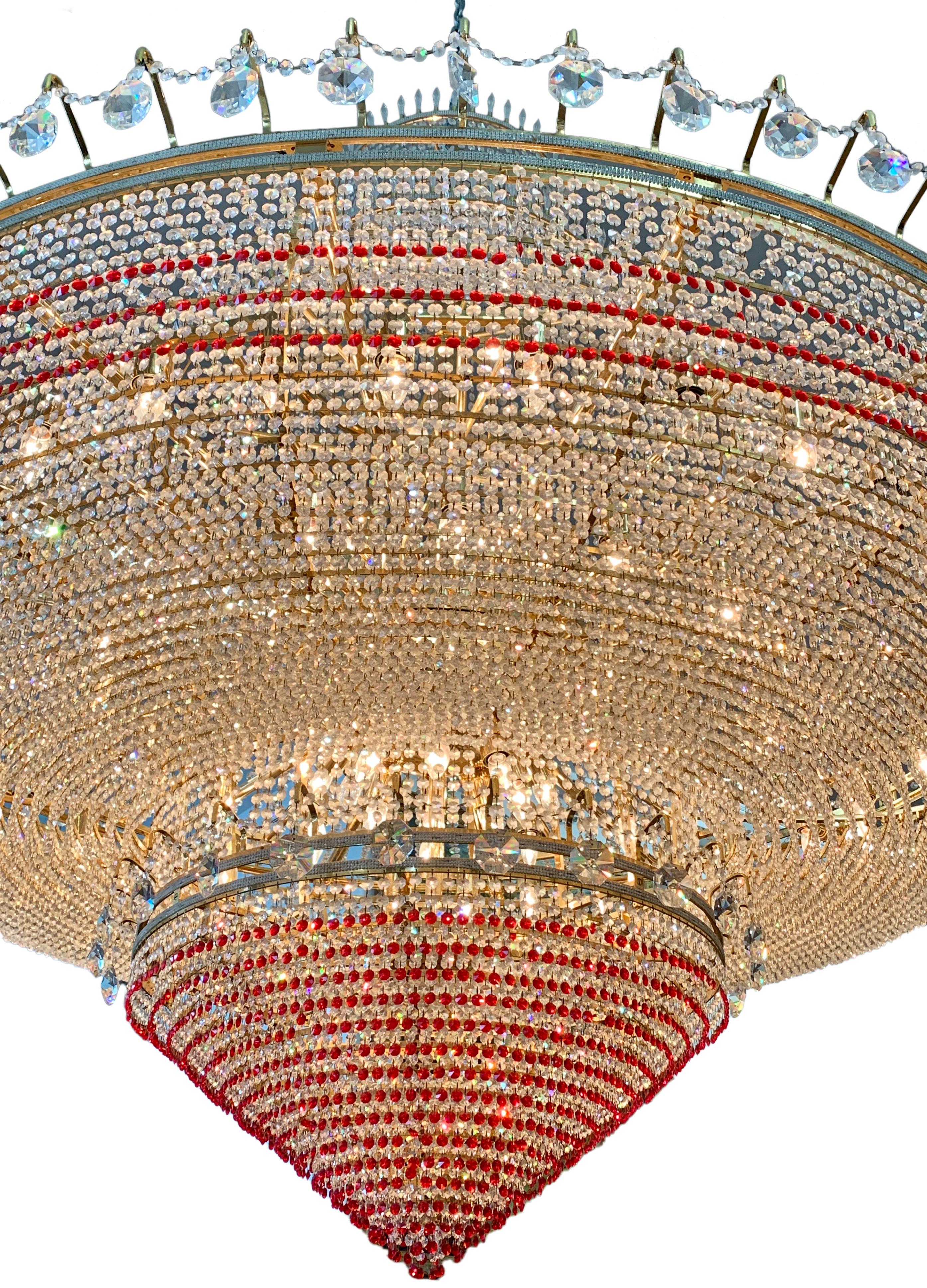 Italian Monumental Red and Clear Crystal Ballroom Chandelier 7 feet x 7 feet For Sale
