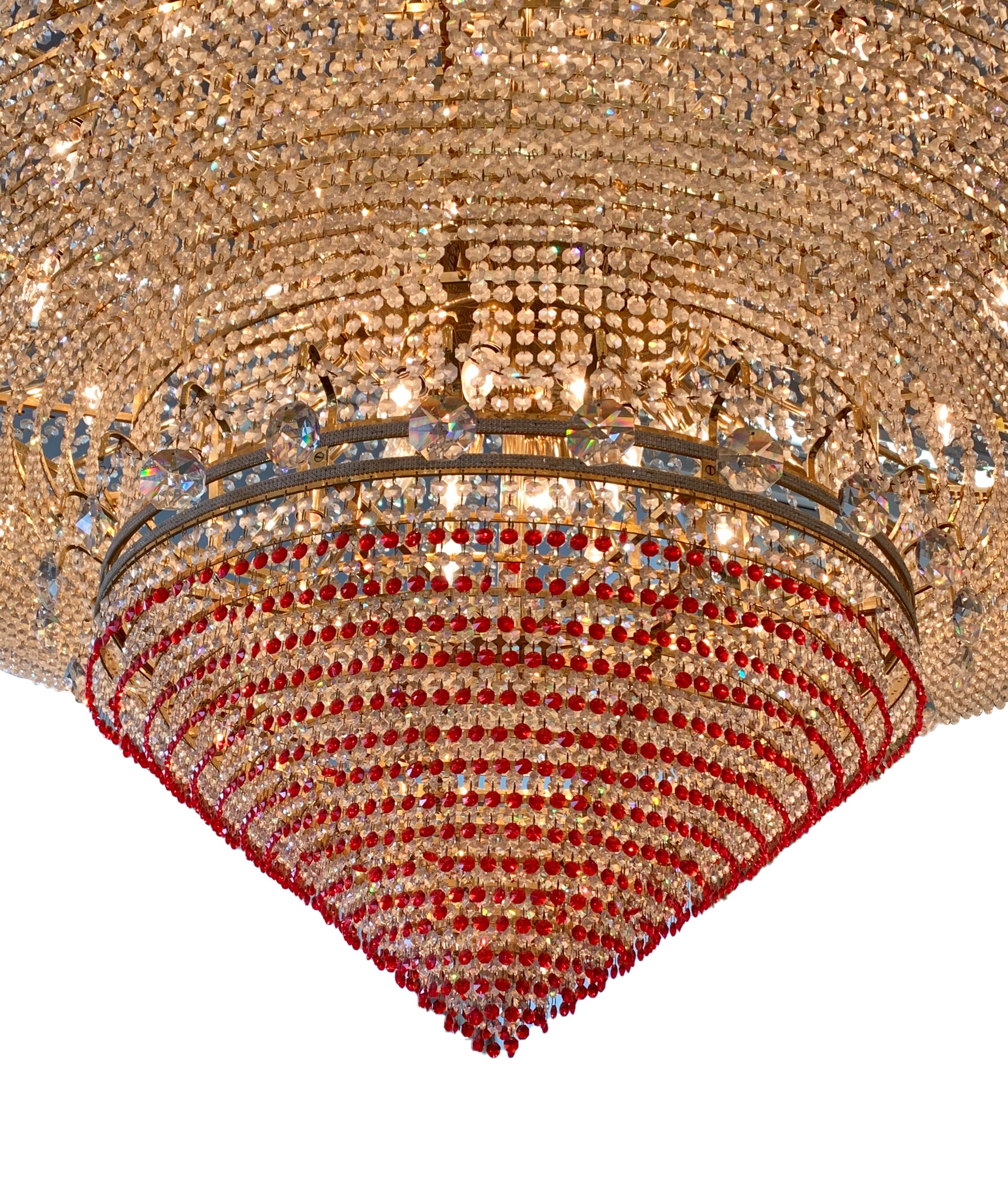 Monumental Red and Clear Crystal Ballroom Chandelier 7 feet x 7 feet In Excellent Condition For Sale In Los Angeles, CA