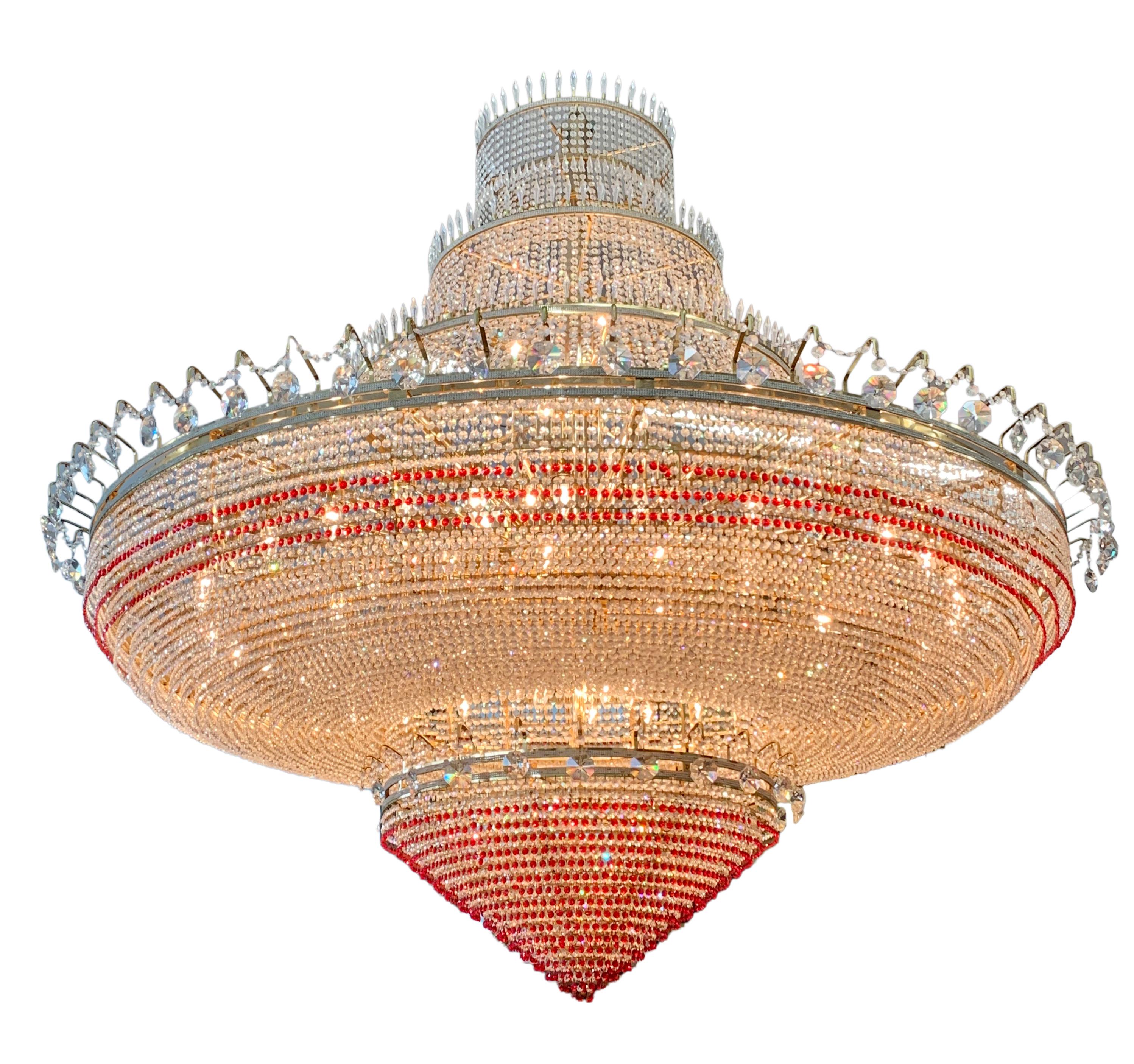 Monumental Red and Clear Crystal Ballroom Chandelier 7 feet x 7 feet For Sale